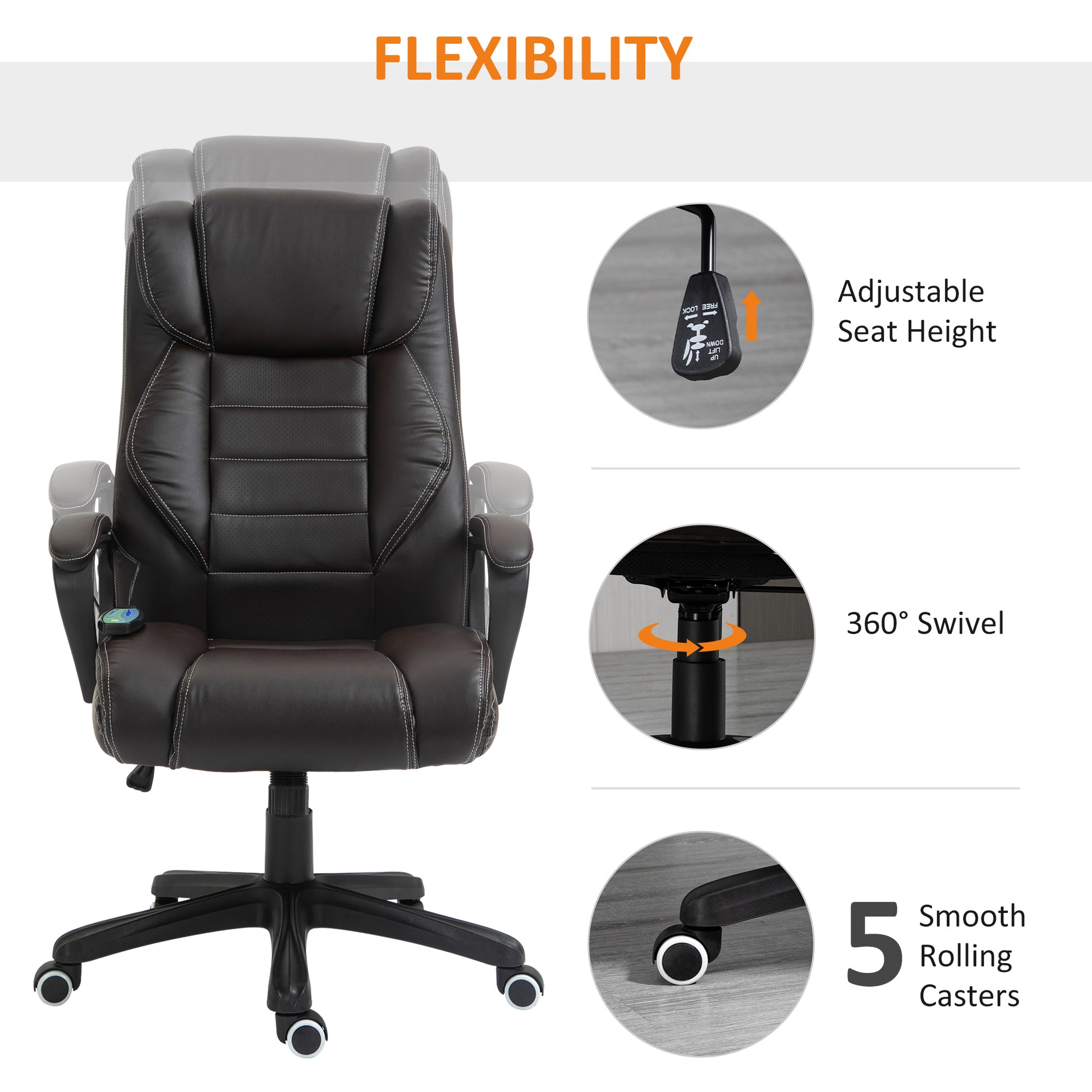 High Back Executive Massage Office Chair - Brown PU Leather-Office Products > Office Furniture > Office Chairs > Massage Chairs-DECOROLALA