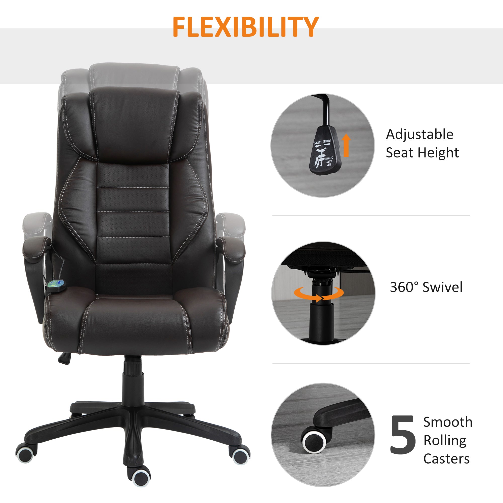 High Back Executive Massage Office Chair - Brown PU Leather-Office Products > Office Furniture > Office Chairs > Massage Chairs-DECOROLALA