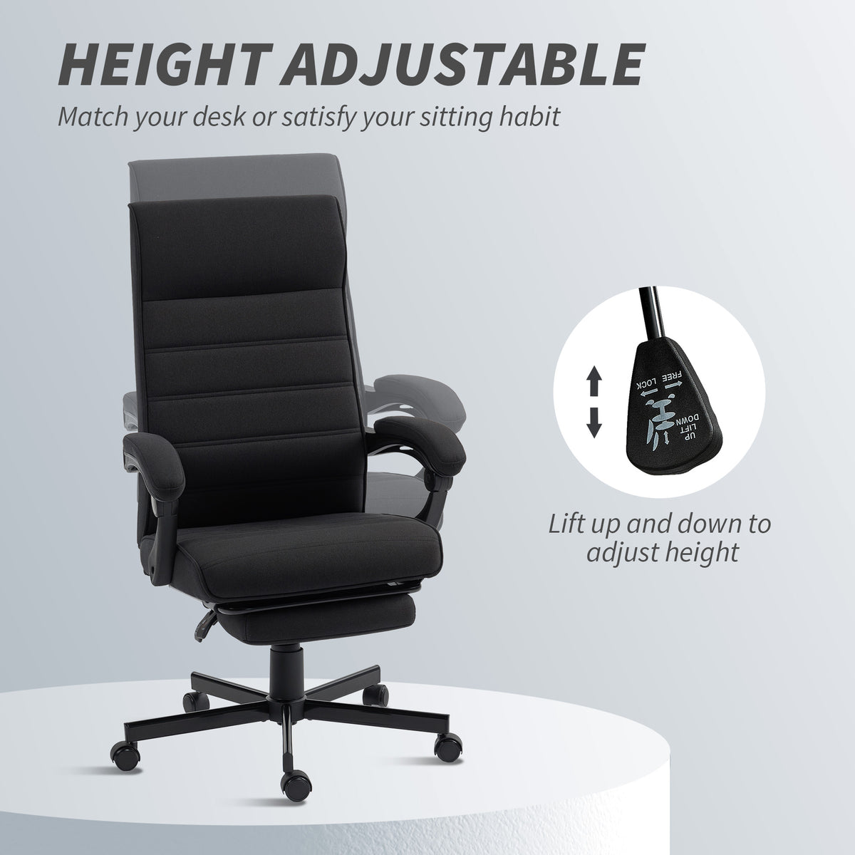 High Back Linen Office Chair with Footrest - Black-Office Products > Office Furniture > Office Chairs-DECOROLALA