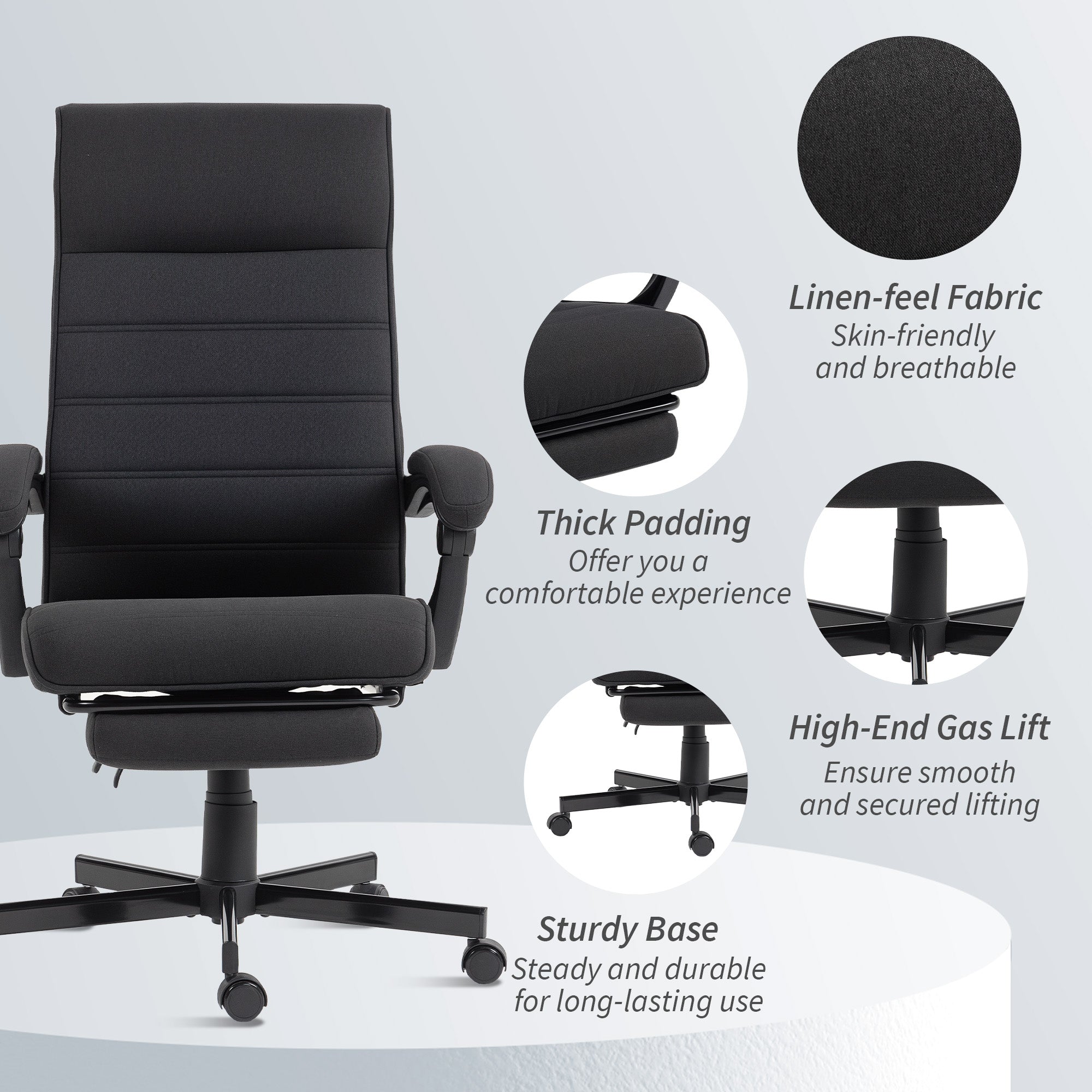 High Back Linen Office Chair with Footrest - Black-Office Products > Office Furniture > Office Chairs-DECOROLALA