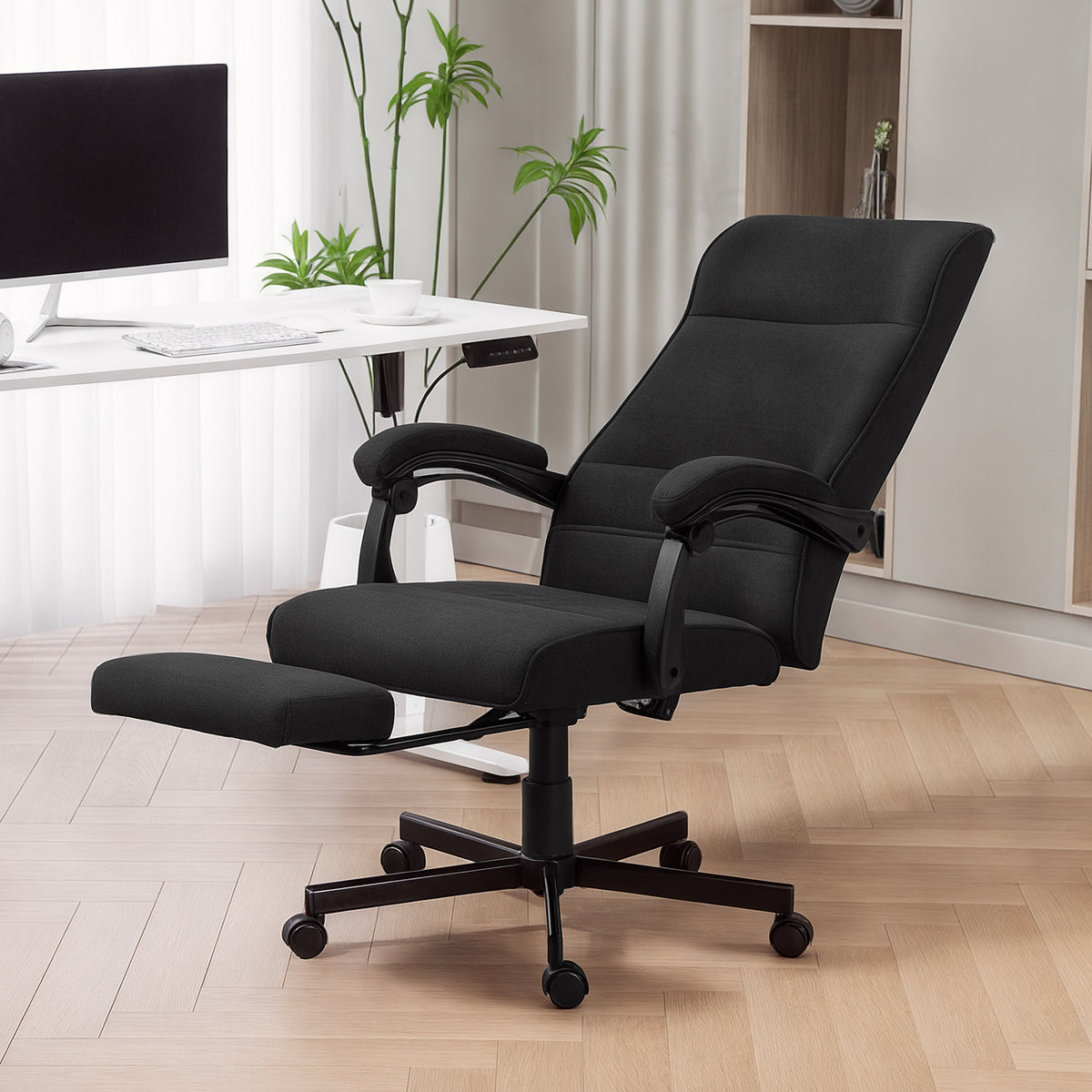 High Back Linen Office Chair with Footrest - Black-Office Products > Office Furniture > Office Chairs-DECOROLALA