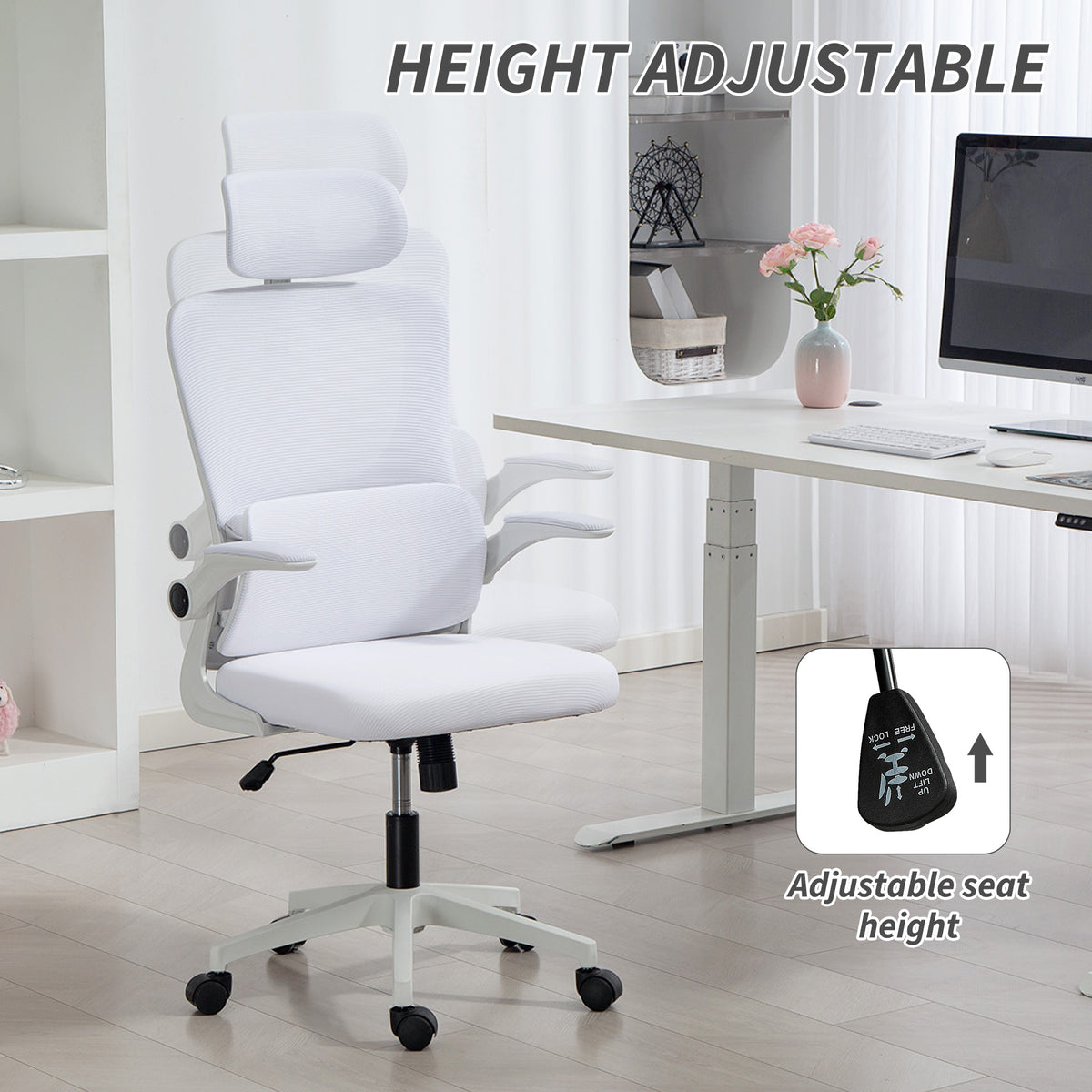 High Back Mesh Office Chair - Cream White Adjustable Height-Office Products > Office Furniture > Office Chairs-DECOROLALA