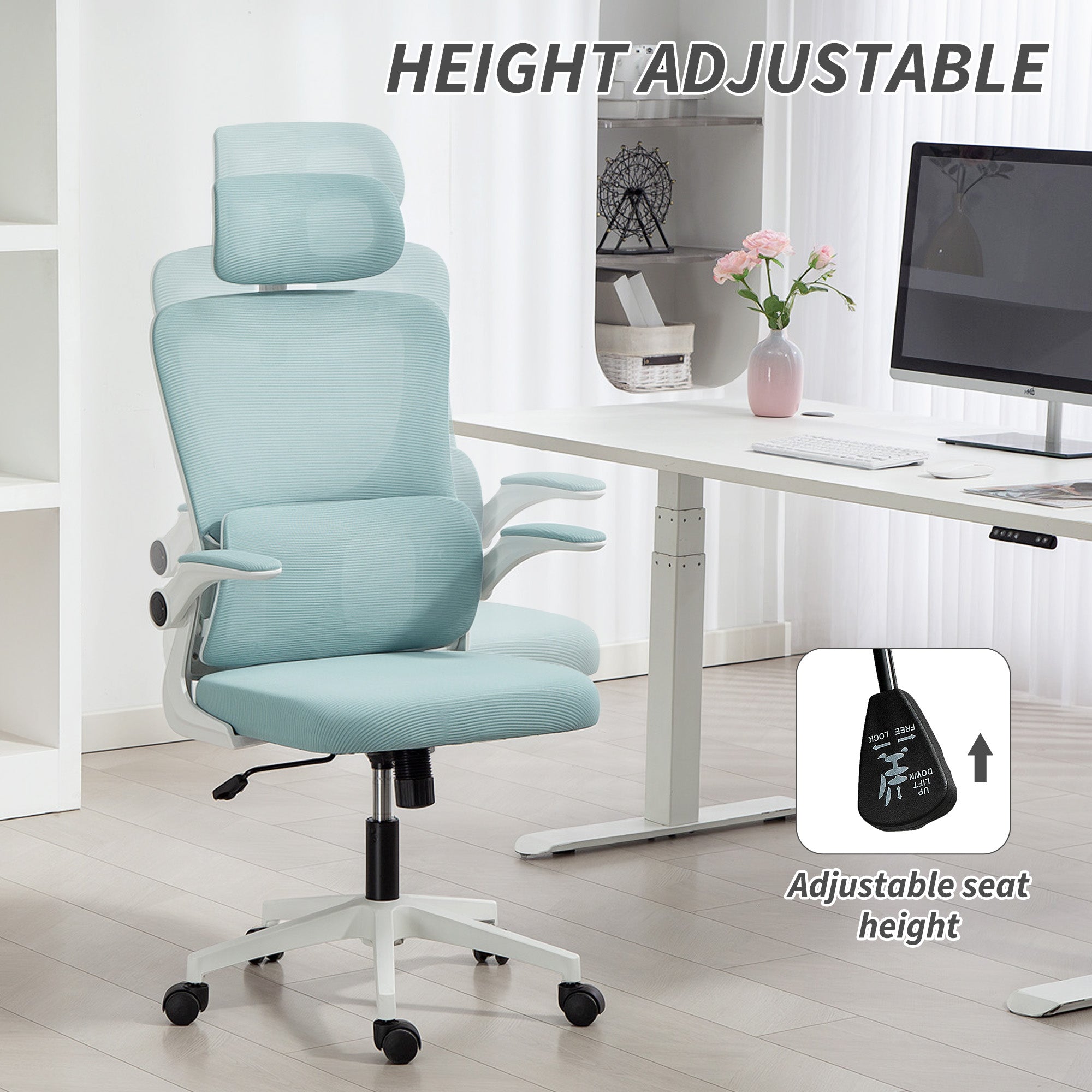 High Back Mesh Office Chair - Light Blue Lumbar Support-Office Products > Office Furniture > Office Chairs-DECOROLALA
