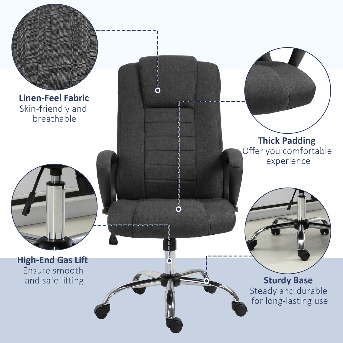 High Back Office Chair - Charcoal Grey Linen-Feel Fabric-Office Products > Office Furniture > Office Chairs > Executive & Manager Chairs-DECOROLALA