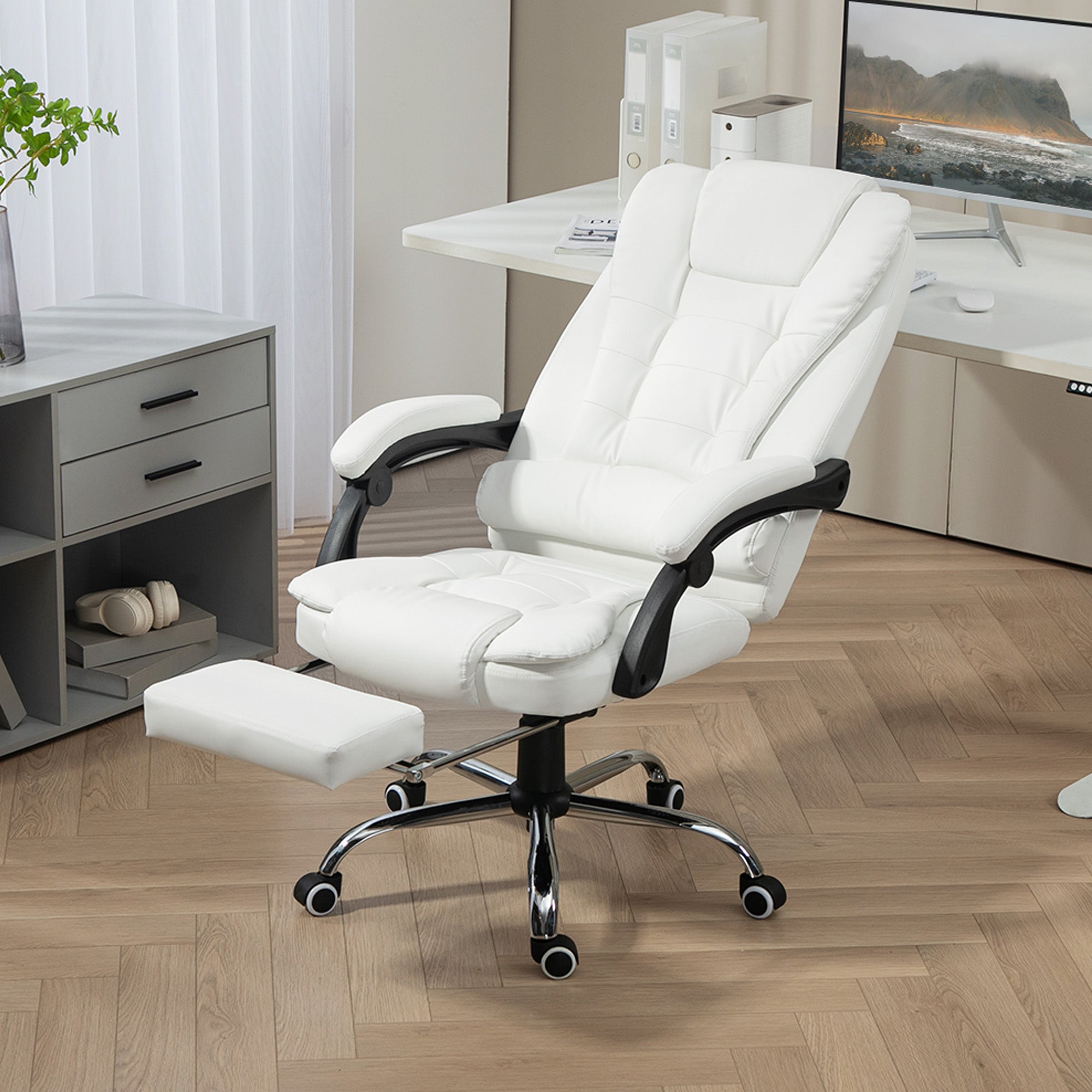 High Back Office Chair PU Leather White-DECOROLALA