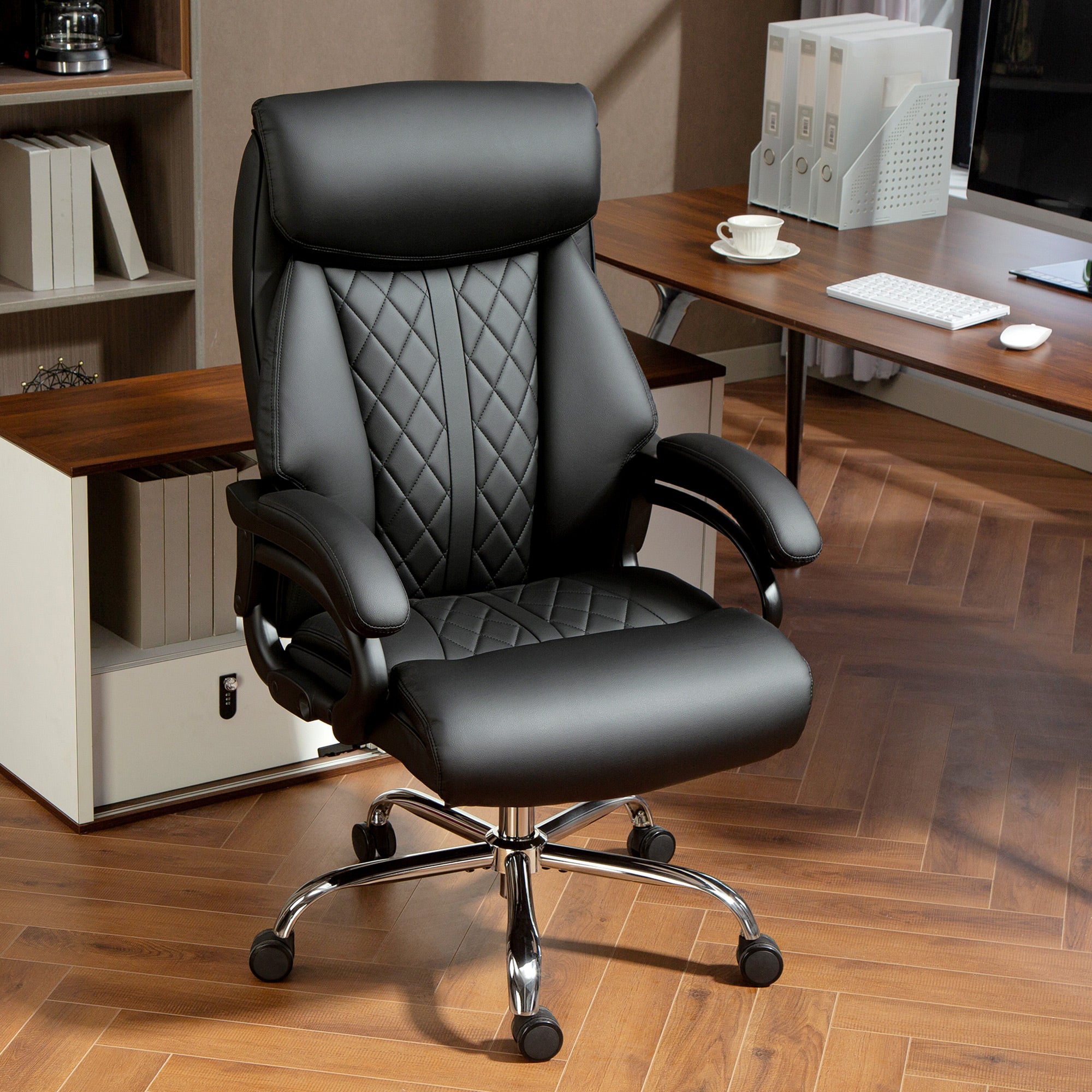 High Back PU Leather Office Chair - Black Spring Padding-DECOROLALA