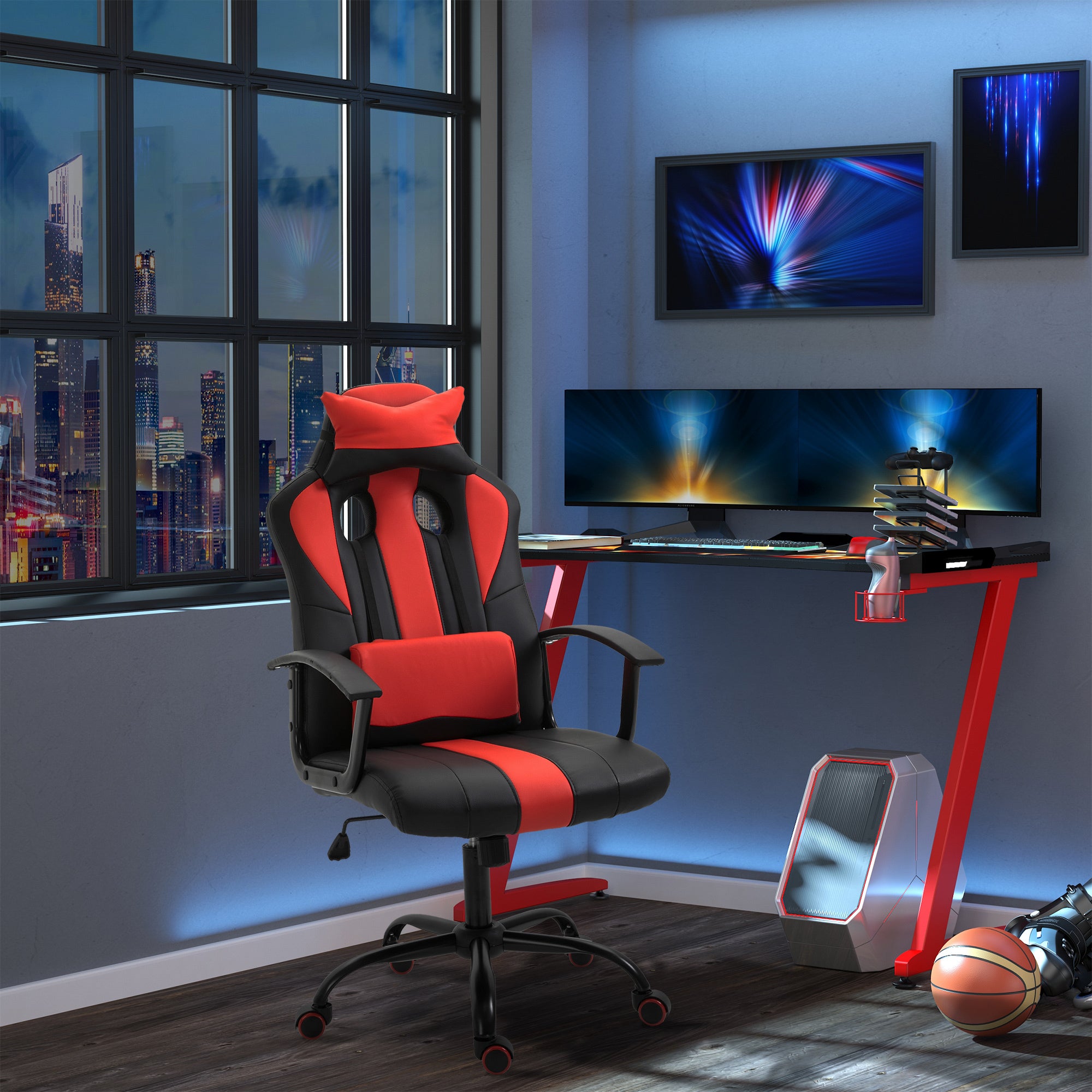 High Back Racing Style Gaming Chair - Red PU Leather-Office Products > Office Furniture > Office Chairs > Video Game Chairs-DECOROLALA