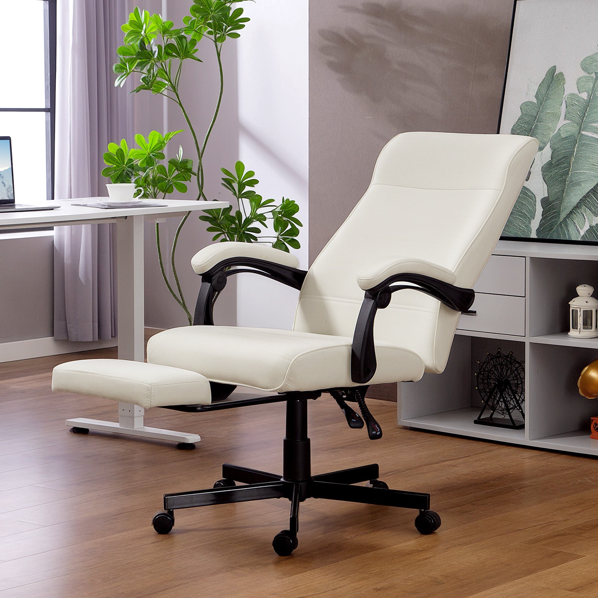 High Back Reclining Office Chair with Footrest - Cream White-Office Products > Office Furniture > Office Chairs-DECOROLALA
