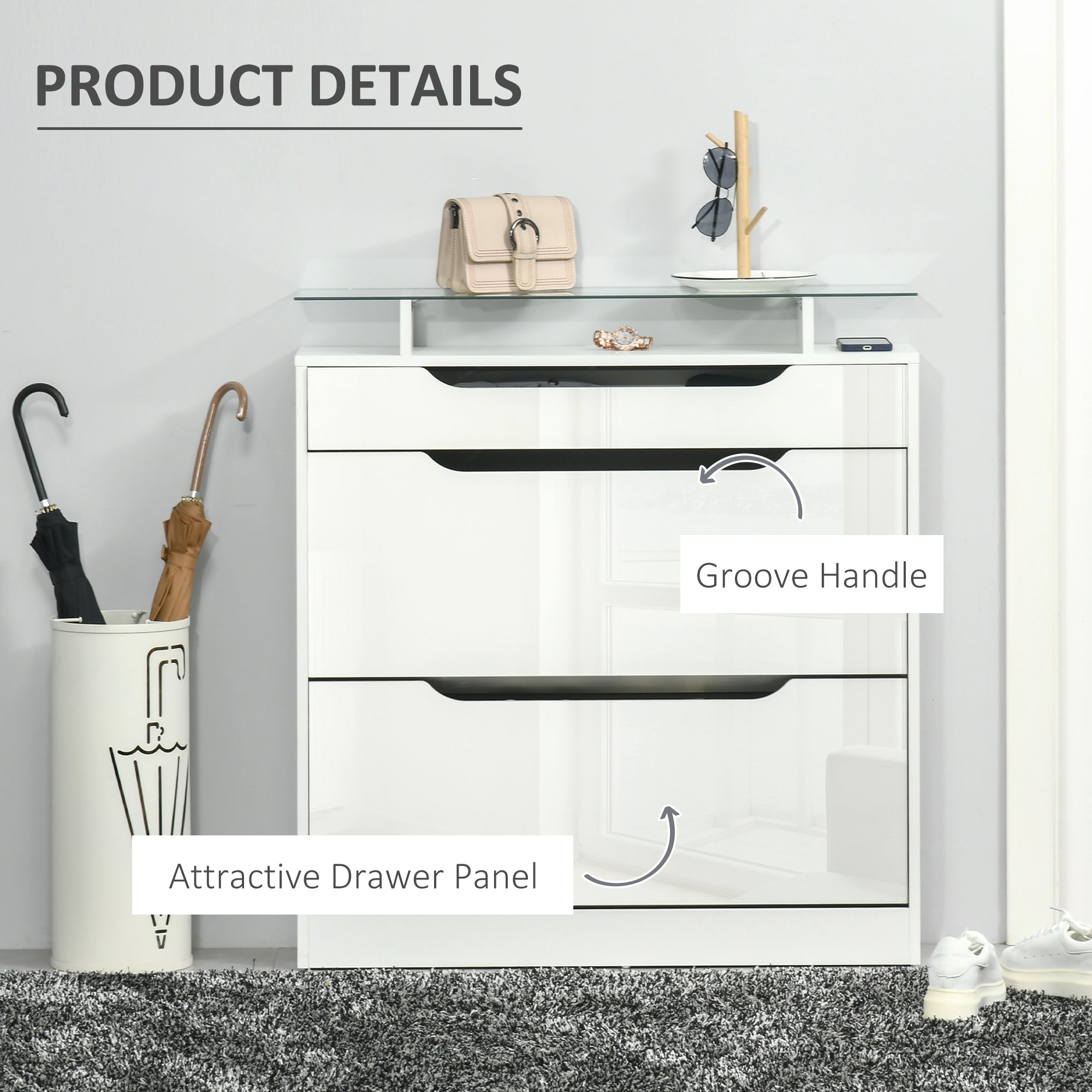 High Gloss Shoe Cabinet with 2 Flip Drawers and Adjustable Shelves, Narrow Shoe Storage Cabinet with Glass Top, White-Home Furnishings > Storage & Organization > Shoe Storage Cabinets & Racks-DECOROLALA