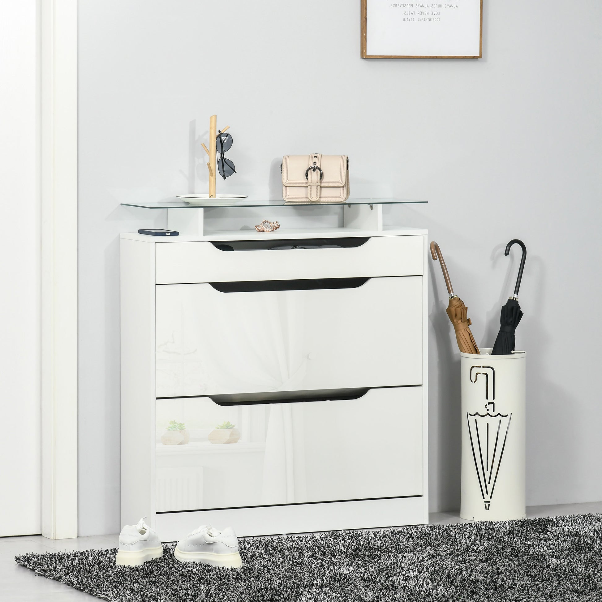 High Gloss Shoe Cabinet with 2 Flip Drawers and Adjustable Shelves, Narrow Shoe Storage Cabinet with Glass Top, White-Home Furnishings > Storage & Organization > Shoe Storage Cabinets & Racks-DECOROLALA