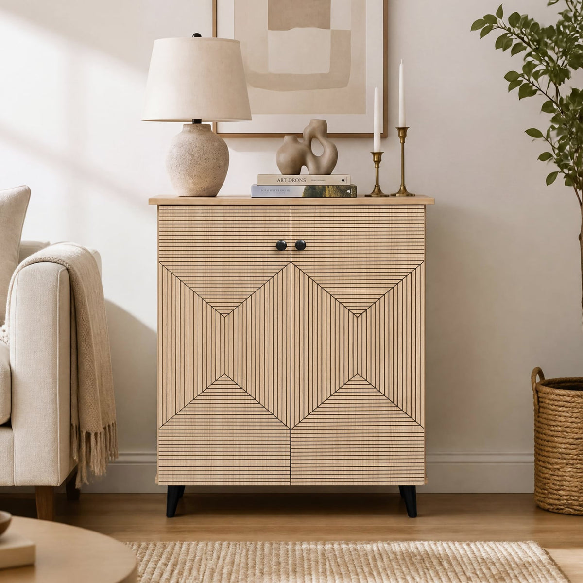 High‑quality 2‑Door Geometric Cabinet Freestanding Decorative Footwear Storage Unit with Carved Panels for Indoor Home Use-Natural-Storage Cabinets & Chests-DECOROLALA