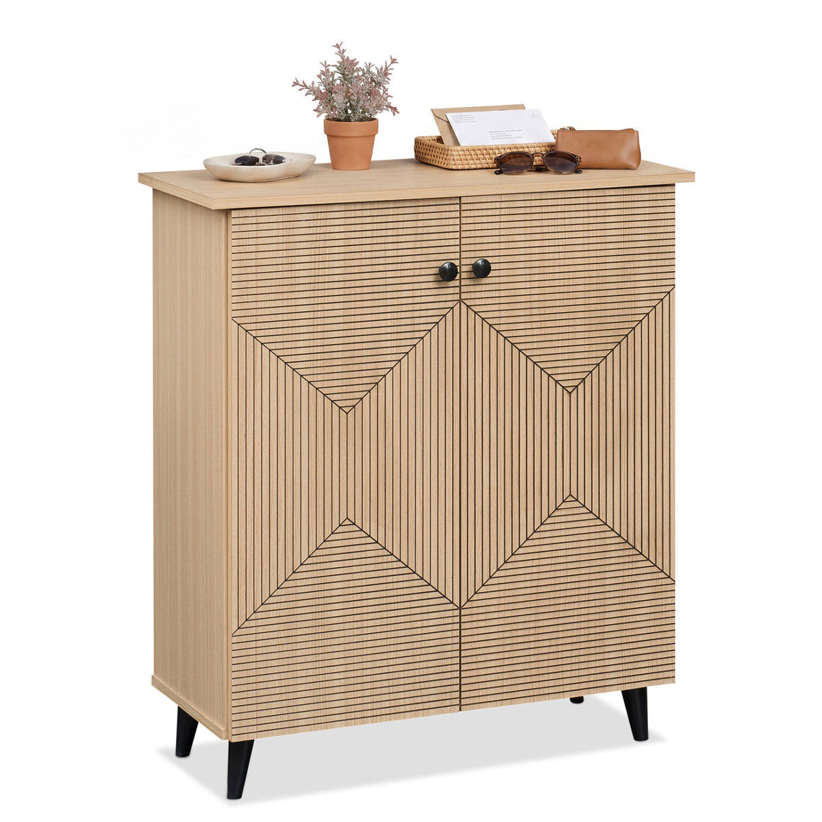 High‑quality 2‑Door Geometric Cabinet Freestanding Decorative Footwear Storage Unit with Carved Panels for Indoor Home Use-Natural-Storage Cabinets & Chests-DECOROLALA