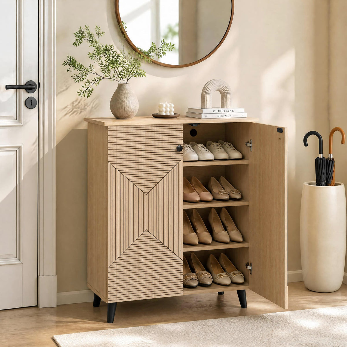 High‑quality 2‑Door Geometric Cabinet Freestanding Decorative Footwear Storage Unit with Carved Panels for Indoor Home Use-Natural-Storage Cabinets & Chests-DECOROLALA