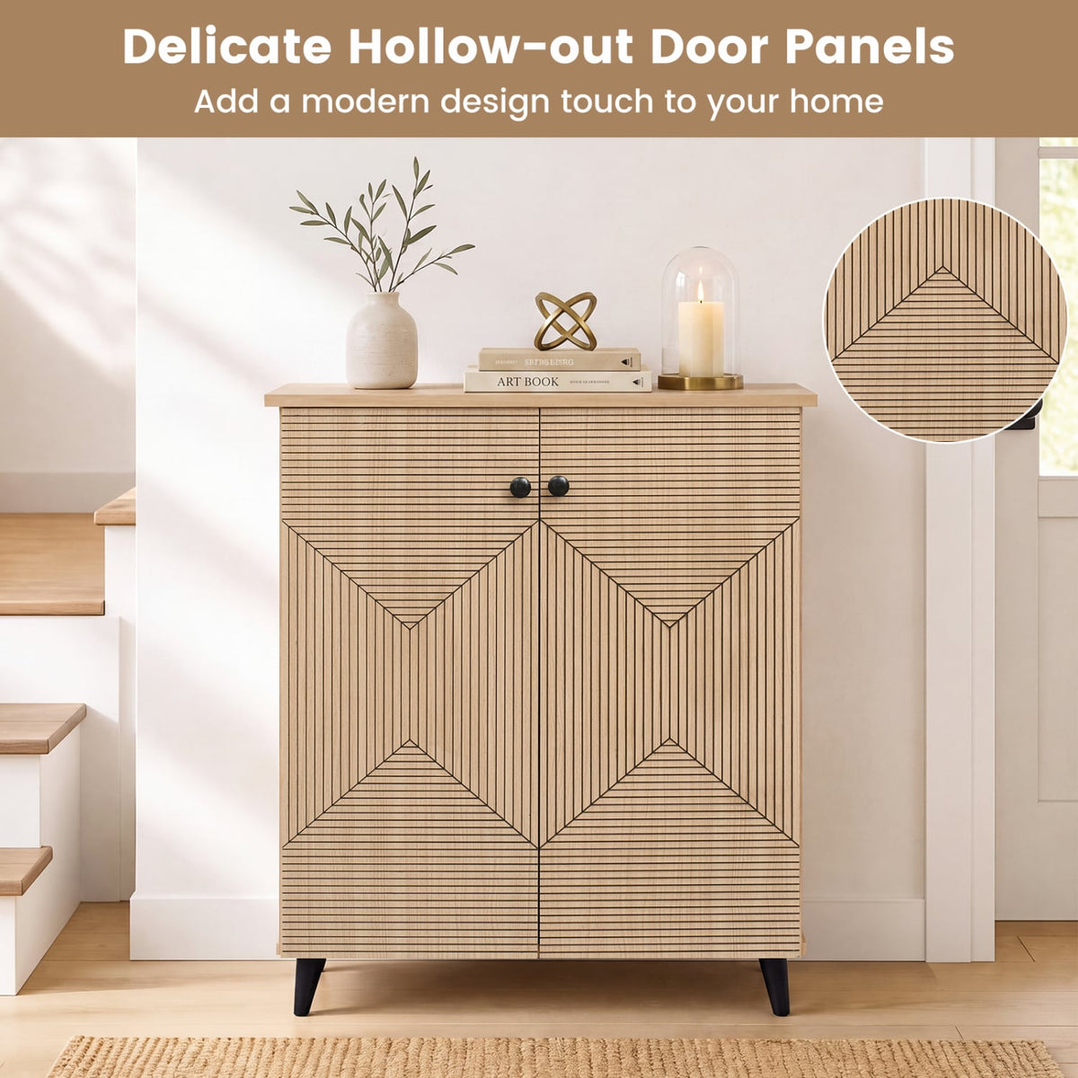 High‑quality 2‑Door Geometric Cabinet Freestanding Decorative Footwear Storage Unit with Carved Panels for Indoor Home Use-Natural-Storage Cabinets & Chests-DECOROLALA