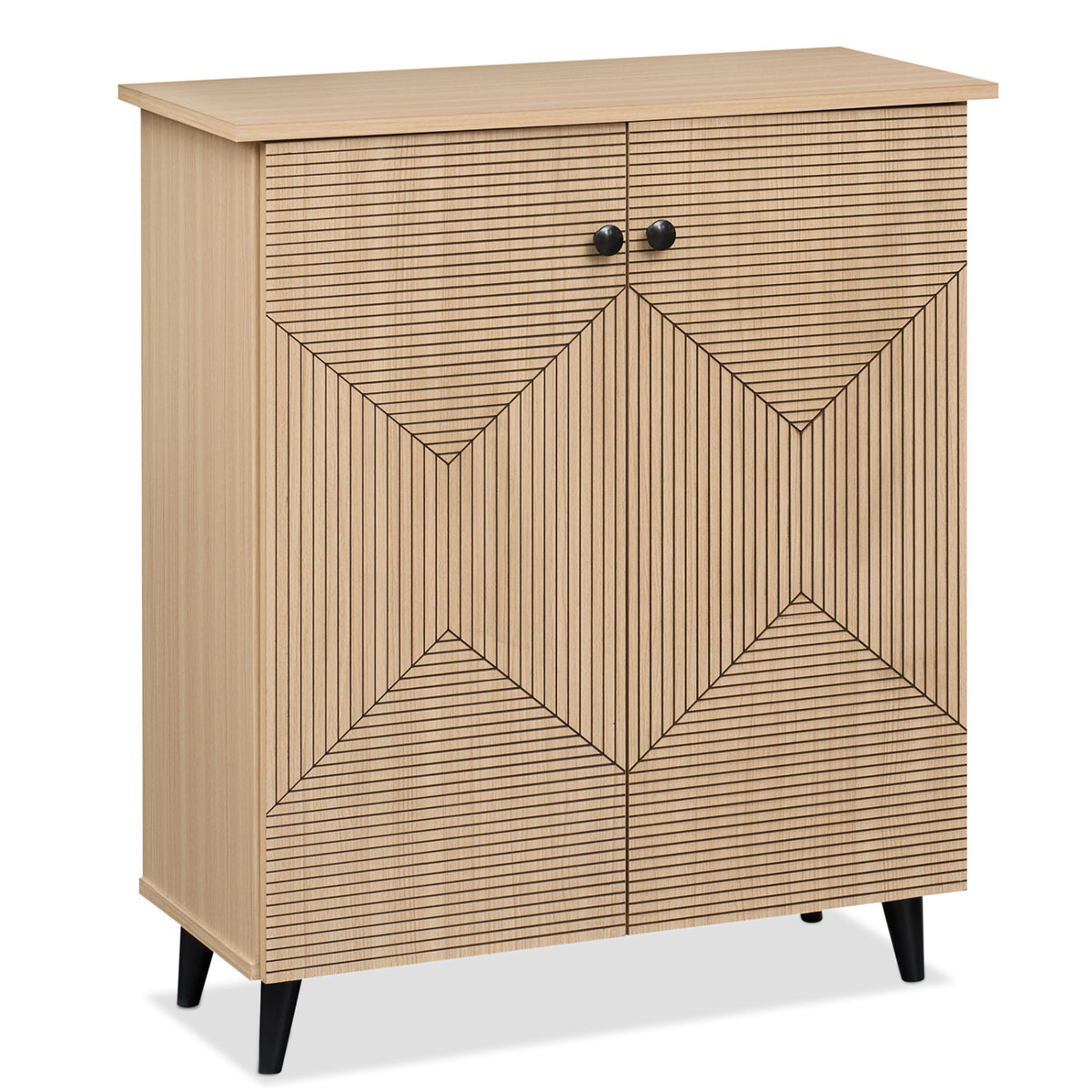 High‑quality 2‑Door Geometric Cabinet Freestanding Decorative Footwear Storage Unit with Carved Panels for Indoor Home Use-Natural-Storage Cabinets & Chests-DECOROLALA