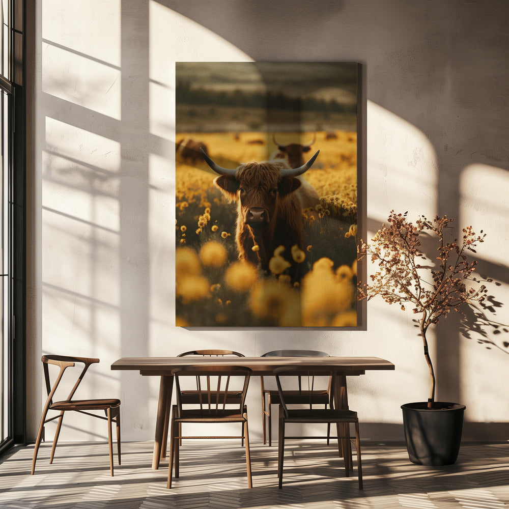 Highland Cows In Flower Field-canvas-DECOROLALA
