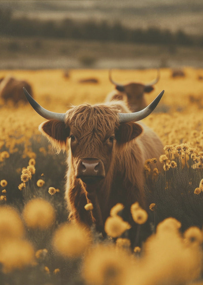 Highland Cows In Flower Field-canvas-DECOROLALA