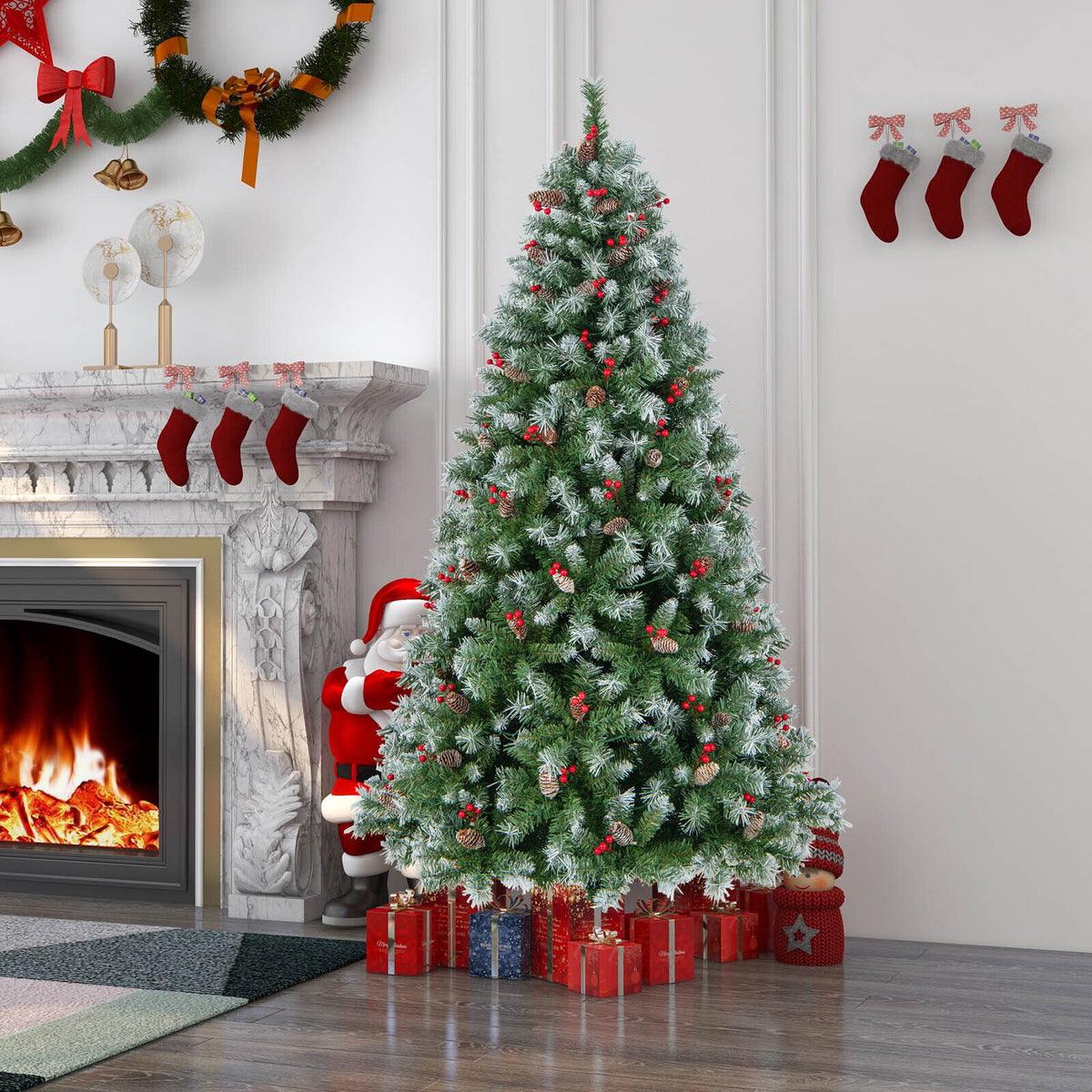 Hinged Christmas Tree with 450 PVC Branch Tips and 200 Warm White LED Lights-6.5 ft-Christmas Trees-DECOROLALA