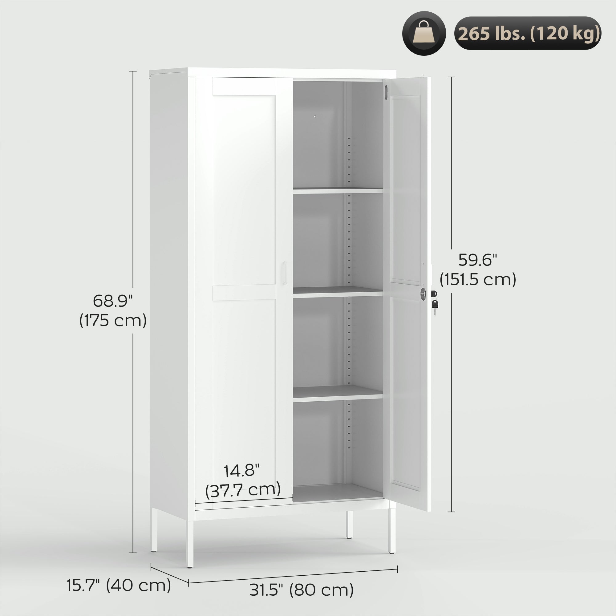Lockable Steel Storage Cabinet - 3 Shelves 2 Doors White