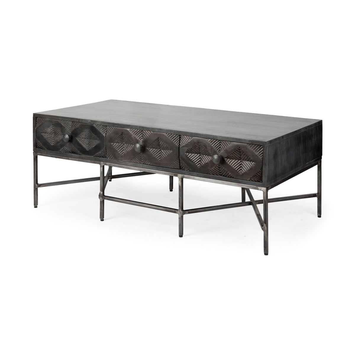 Hogarth 48x24 Rectangular Brown Solid Wood Top Iron Metal Base w/6 Drawers Coffee Table-Coffee Tables-DECOROLALA