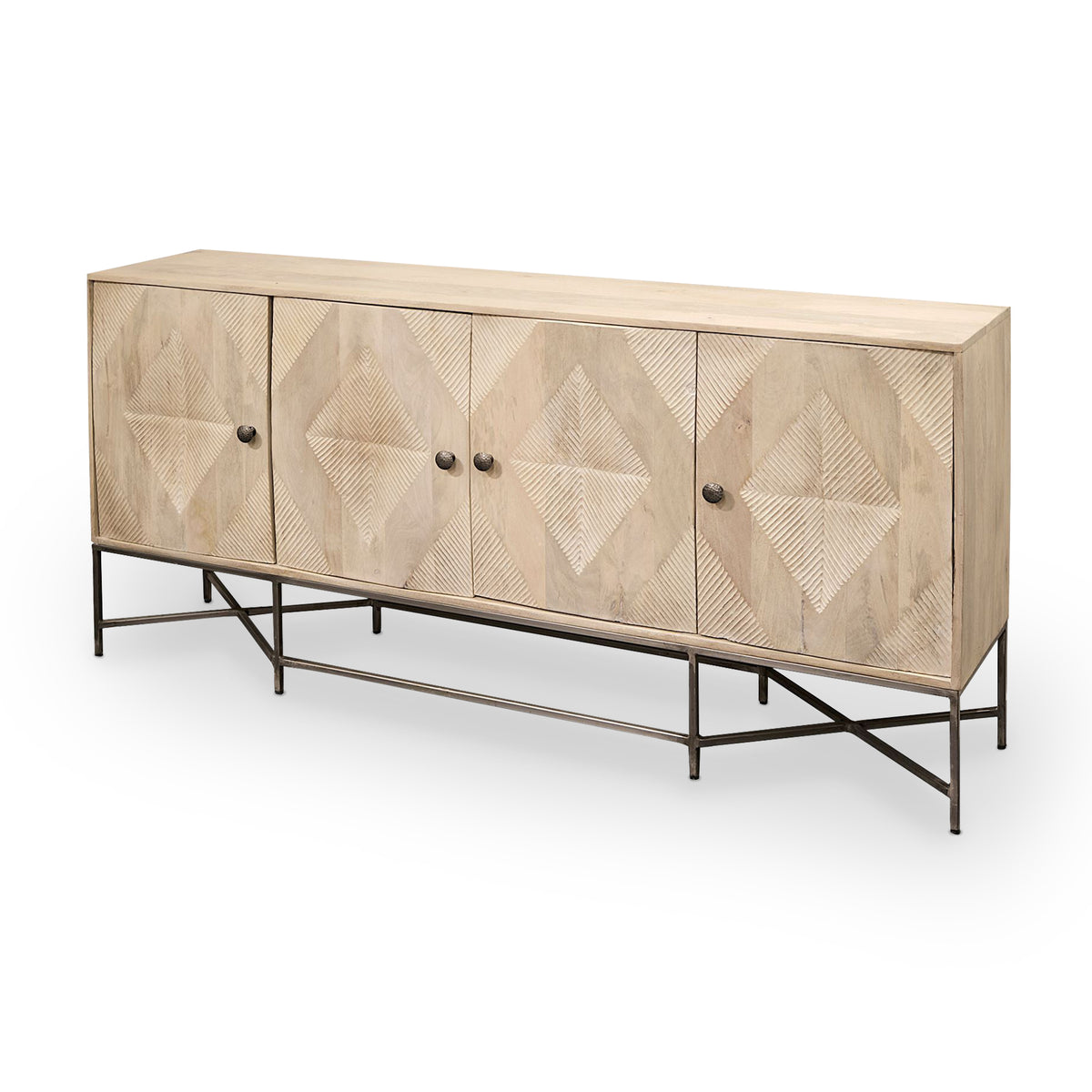 Hogarth III 72L x 15W x 34H Brown Solid Wood Frame Gold Metal Base 4 Cabinet Door Sideboard-Sideboards & Buffets-DECOROLALA