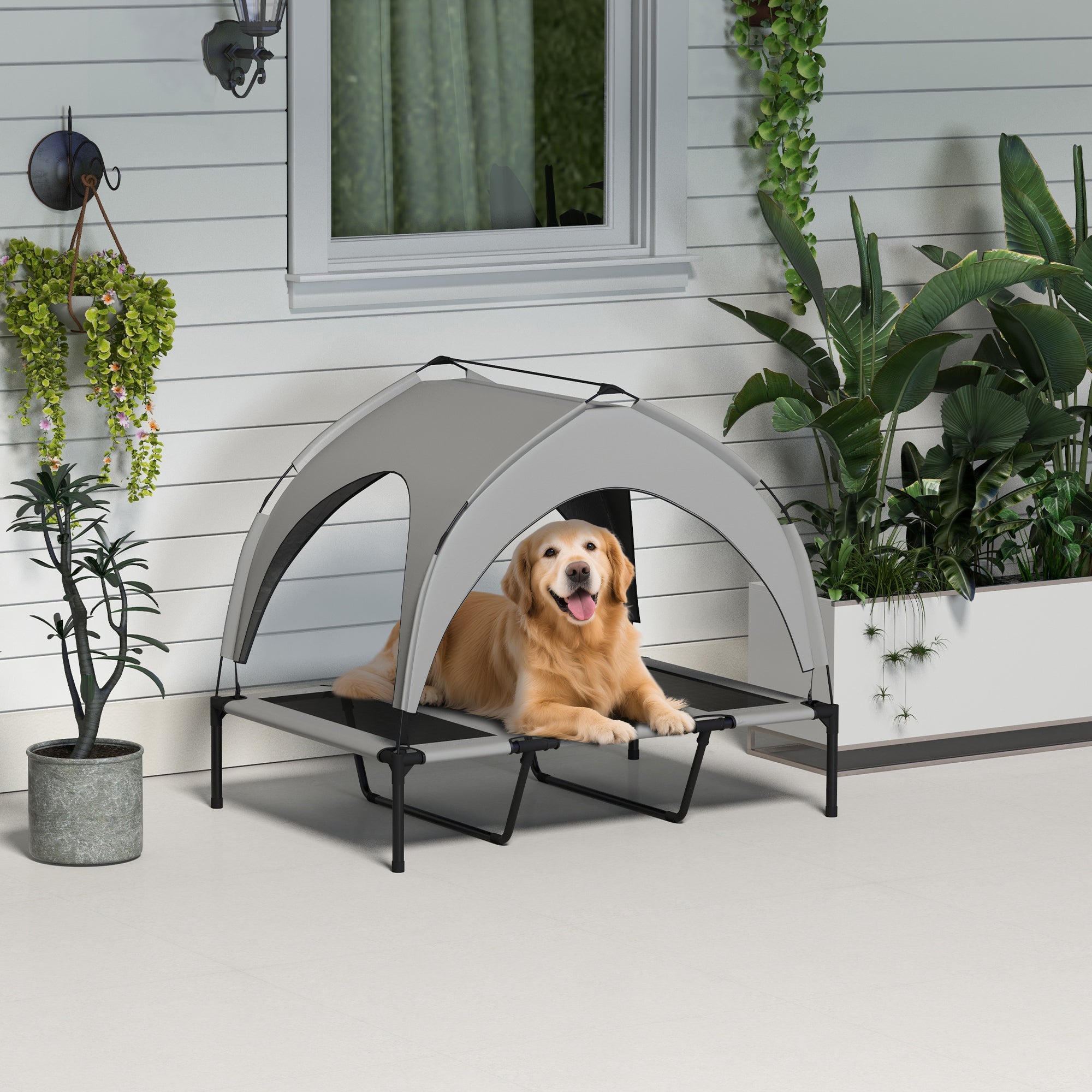 Lit surélevé rafraîchissant pour chien avec auvent, maille respirante lavable, pour grands chiens, gris clair