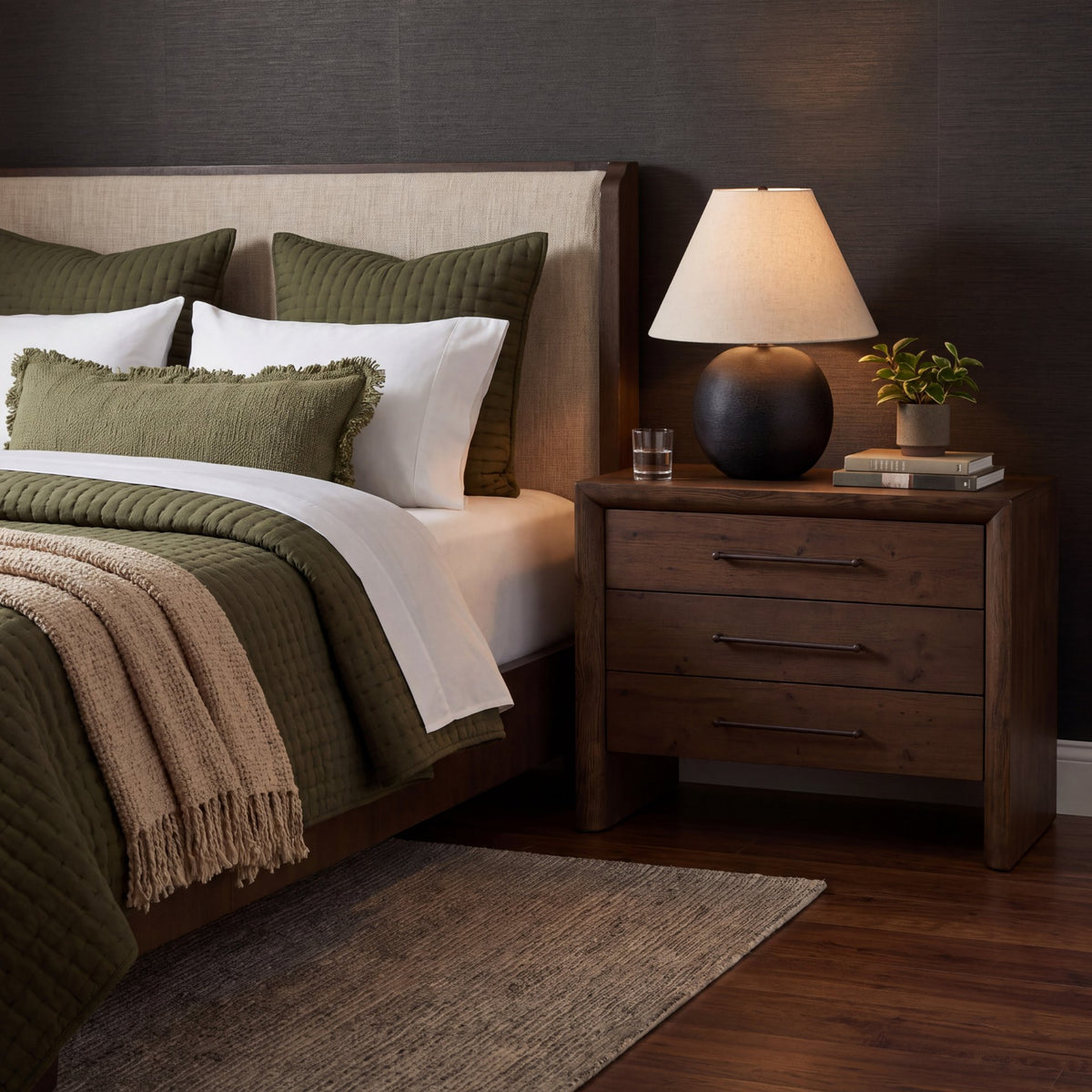Holden King Upholstered Bedframe | Shelter Headboard | Oatmeal Performance Fabric-Bed Frame & Headboards-DECOROLALA