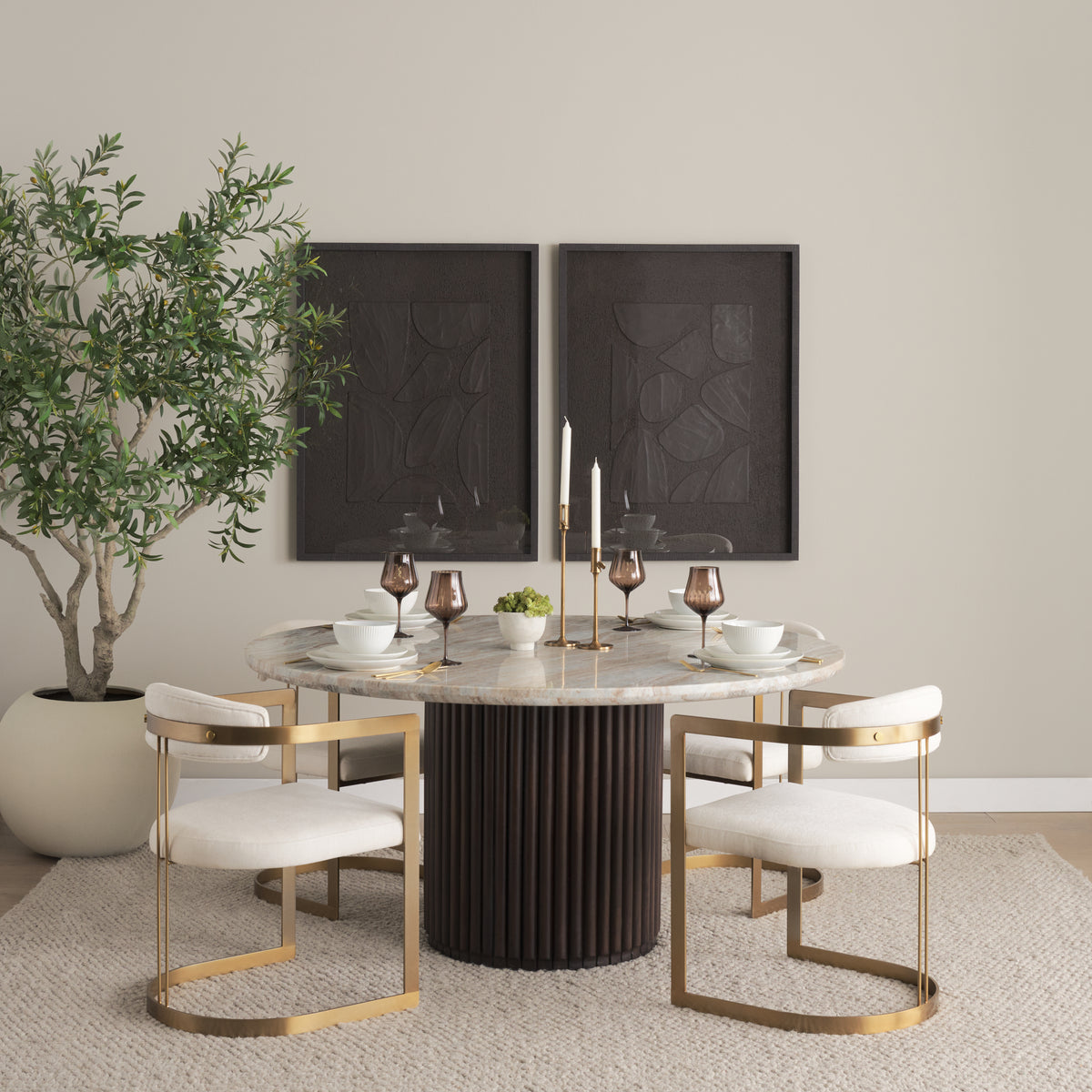 Hollyfield Curved Back Dining Arm Chair | Cream Fabric w/ Gold Iron-Dining Chairs-DECOROLALA