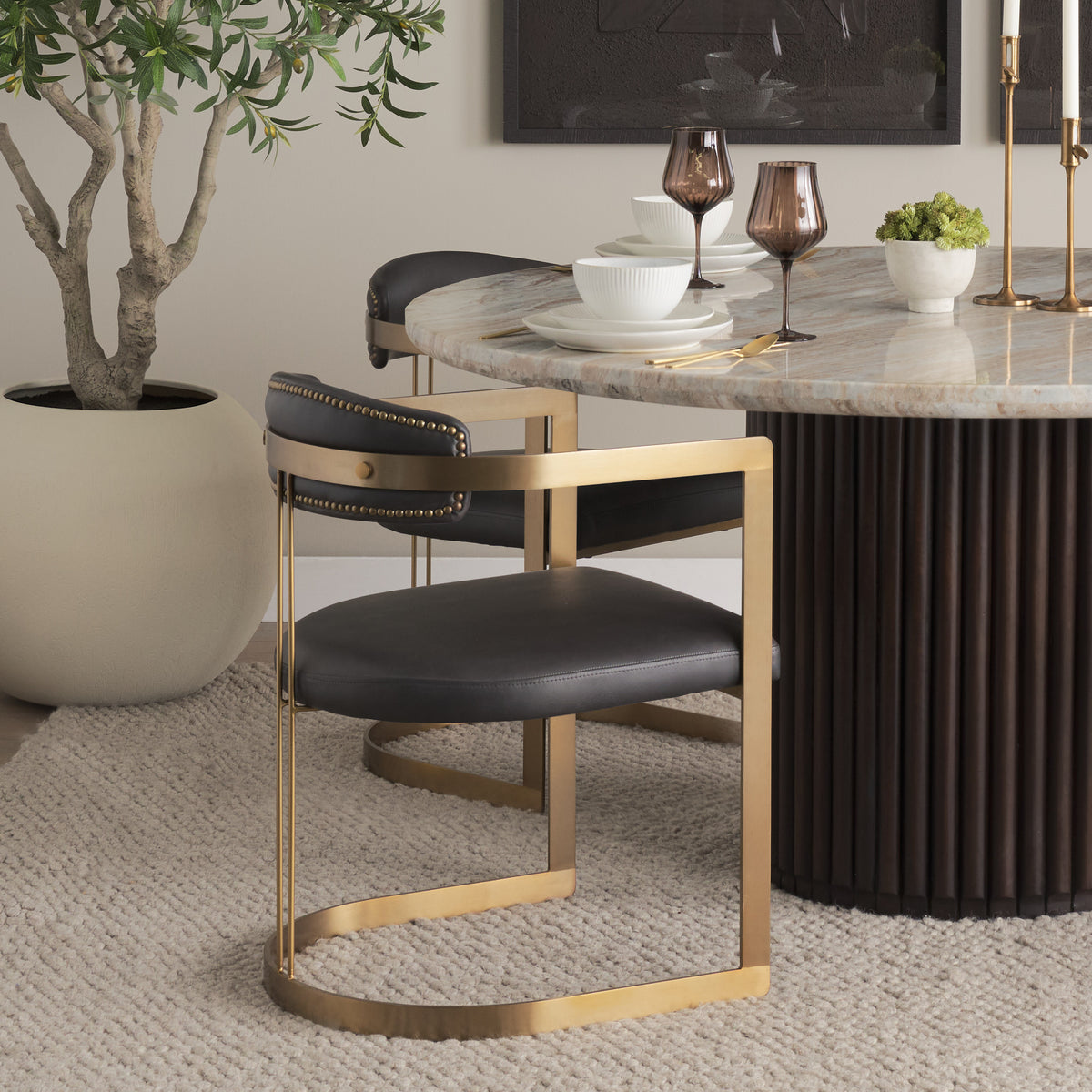 Hollyfield Curved Back Dining Side Chair | Leather w/ Gold Iron-Dining Chairs-DECOROLALA
