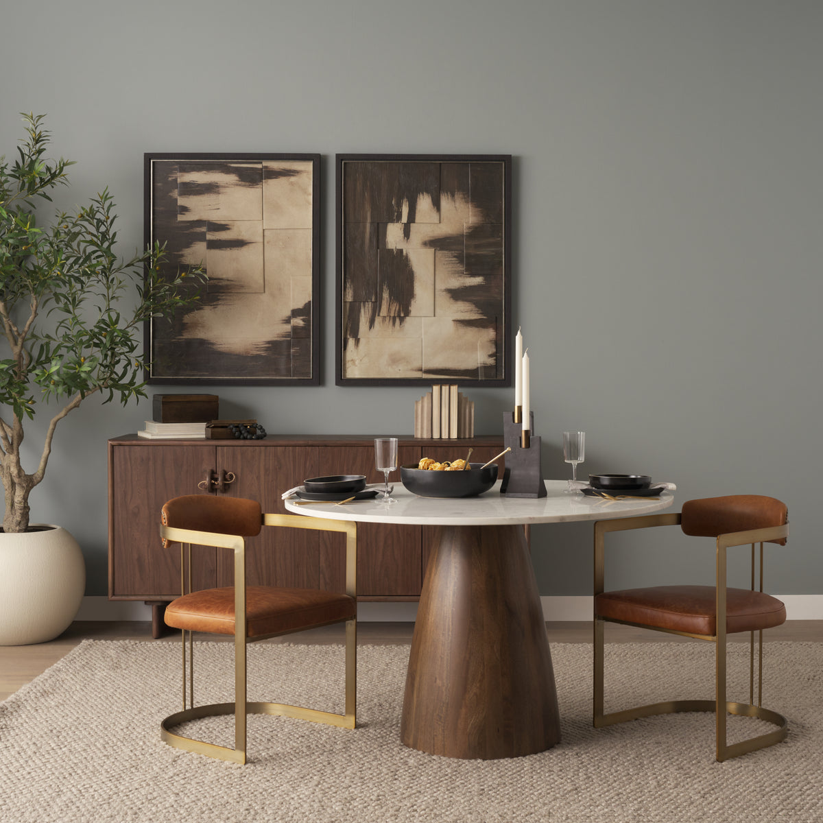 Hollyfield Curved Back Dining Side Chair | Leather w/ Gold Iron-Dining Chairs-DECOROLALA