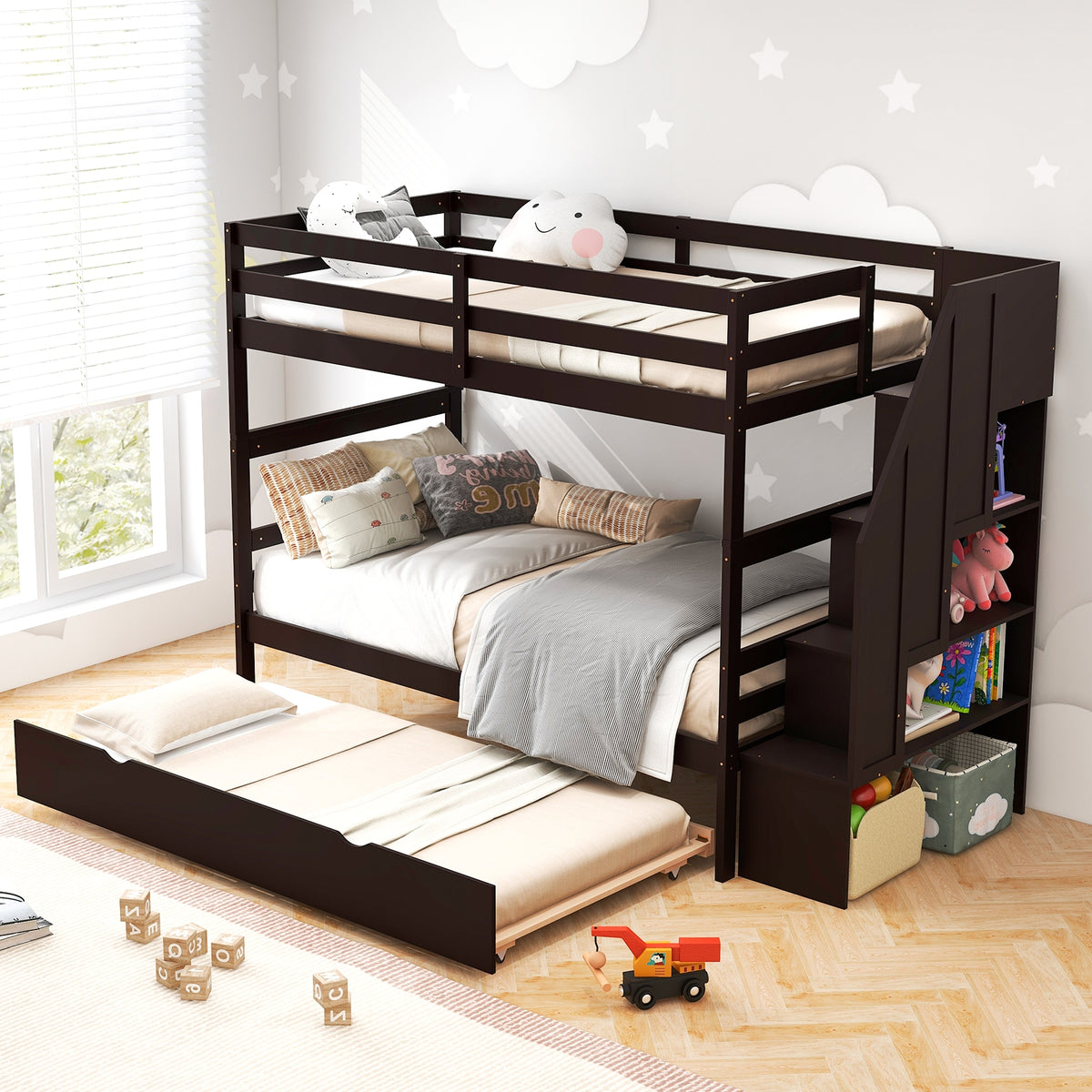 Home Wood Bunk Bed with Guard Rail and 4-step Storage Stairs No Box Spring Needed-Brown-Toddler Beds-DECOROLALA