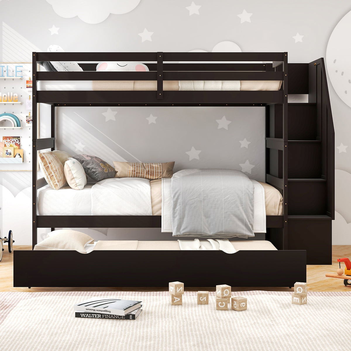 Home Wood Bunk Bed with Guard Rail and 4-step Storage Stairs No Box Spring Needed-Brown-Toddler Beds-DECOROLALA