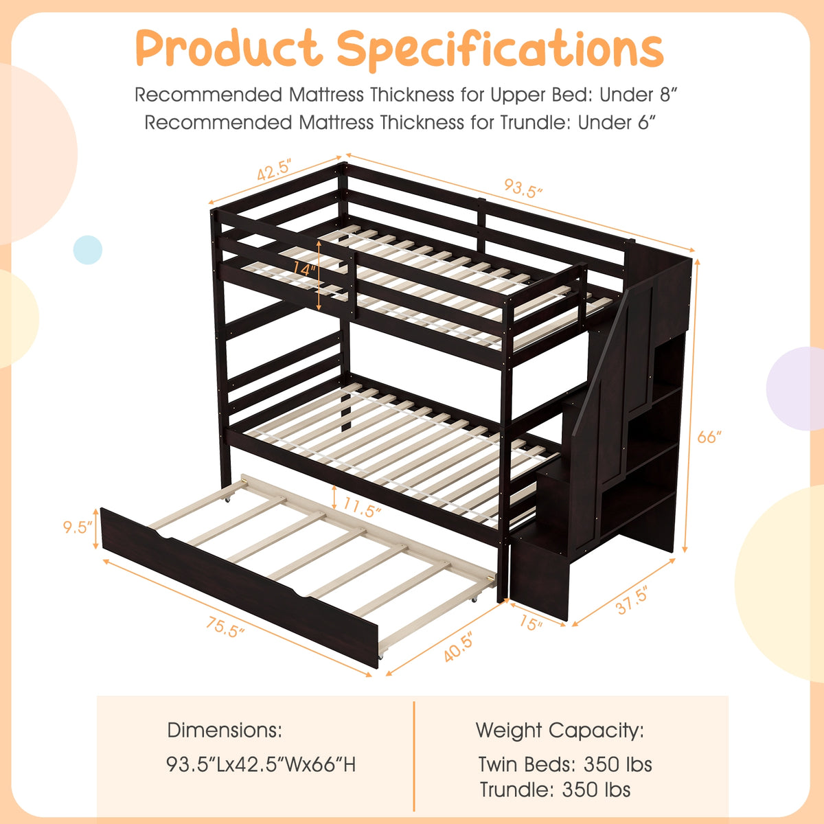 Home Wood Bunk Bed with Guard Rail and 4-step Storage Stairs No Box Spring Needed-Brown-Toddler Beds-DECOROLALA