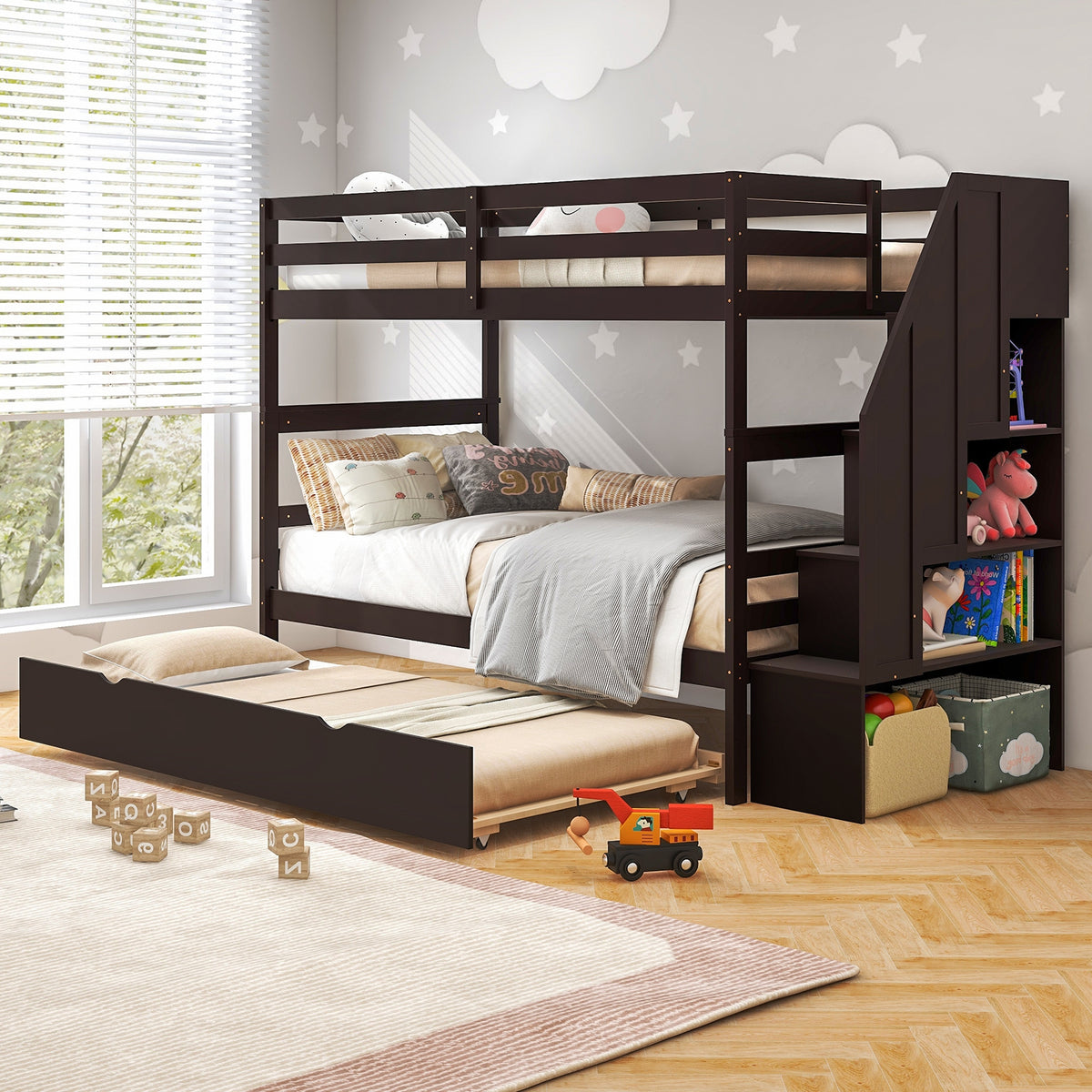 Home Wood Bunk Bed with Guard Rail and 4-step Storage Stairs No Box Spring Needed-Brown-Toddler Beds-DECOROLALA