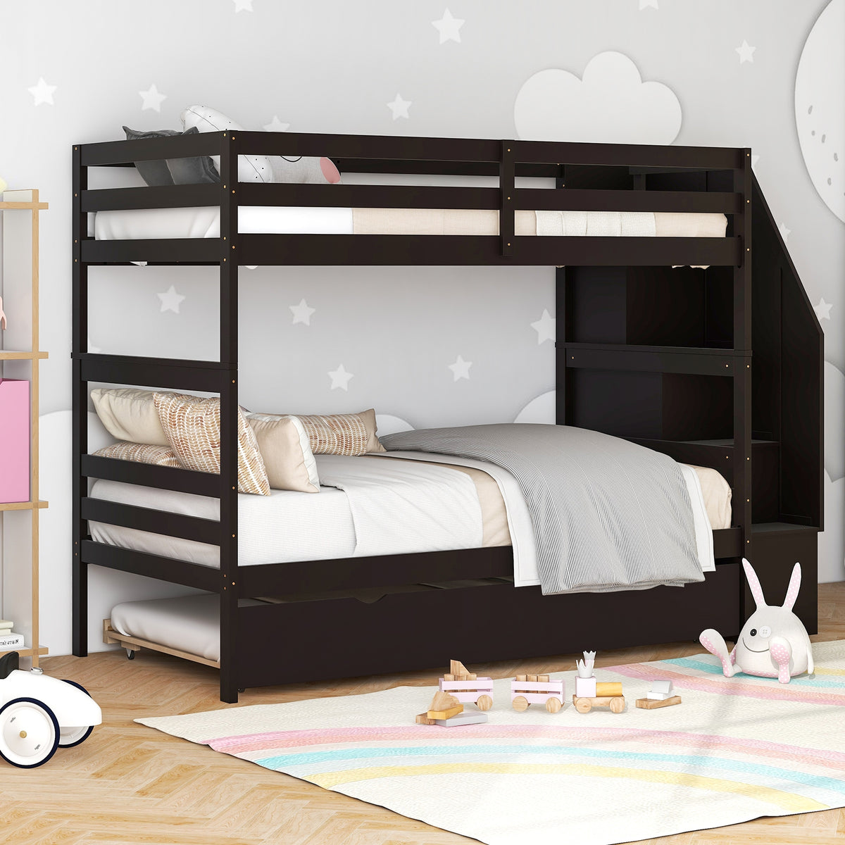 Home Wood Bunk Bed with Guard Rail and 4-step Storage Stairs No Box Spring Needed-Brown-Toddler Beds-DECOROLALA