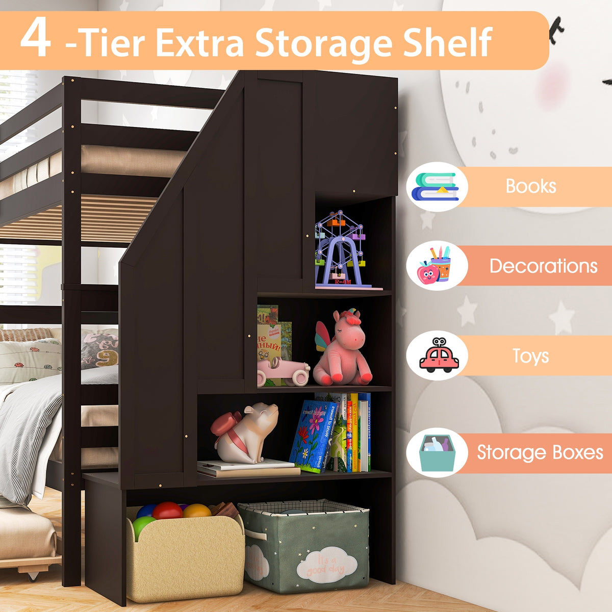 Home Wood Bunk Bed with Guard Rail and 4-step Storage Stairs No Box Spring Needed-Brown-Toddler Beds-DECOROLALA