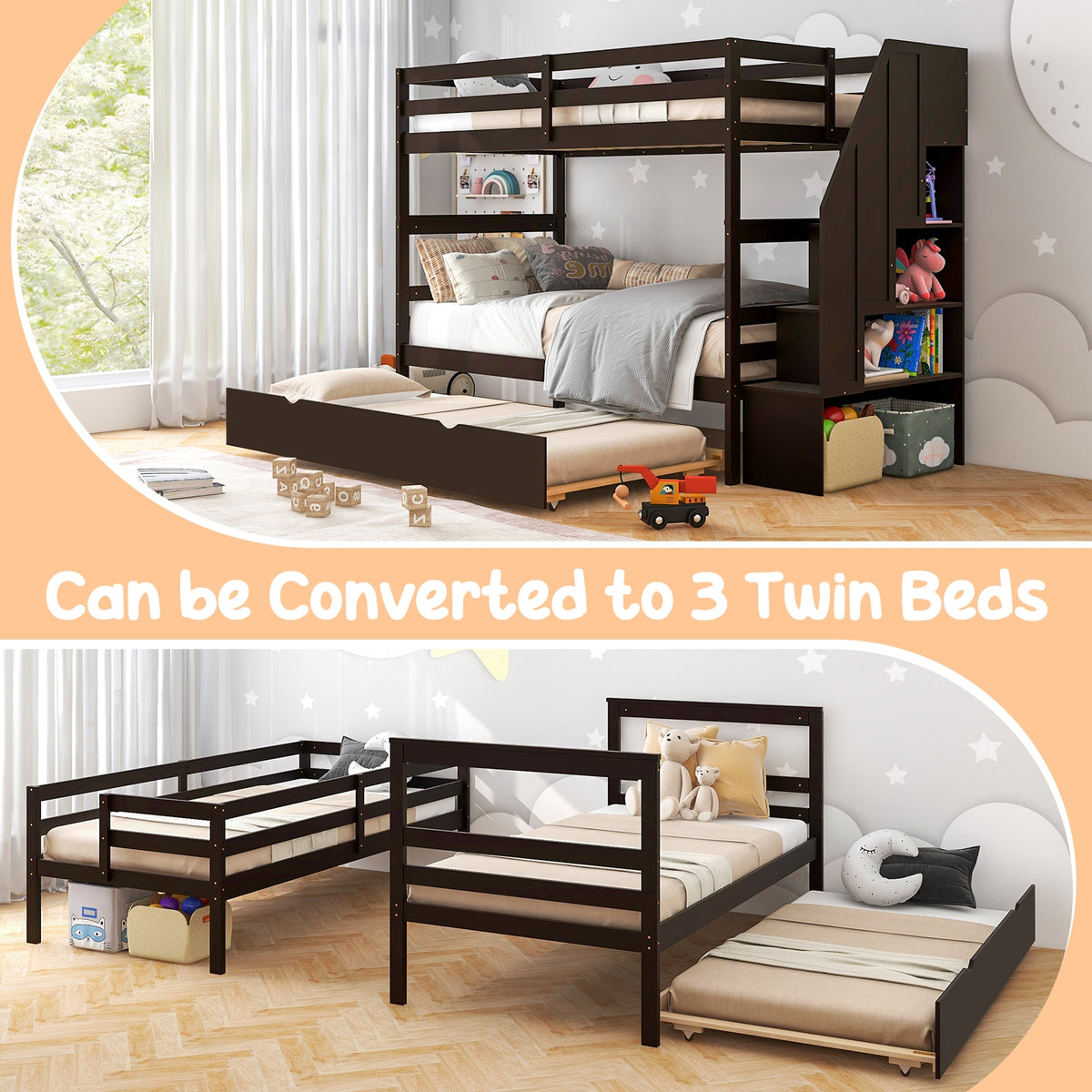 Home Wood Bunk Bed with Guard Rail and 4-step Storage Stairs No Box Spring Needed-Brown-Toddler Beds-DECOROLALA