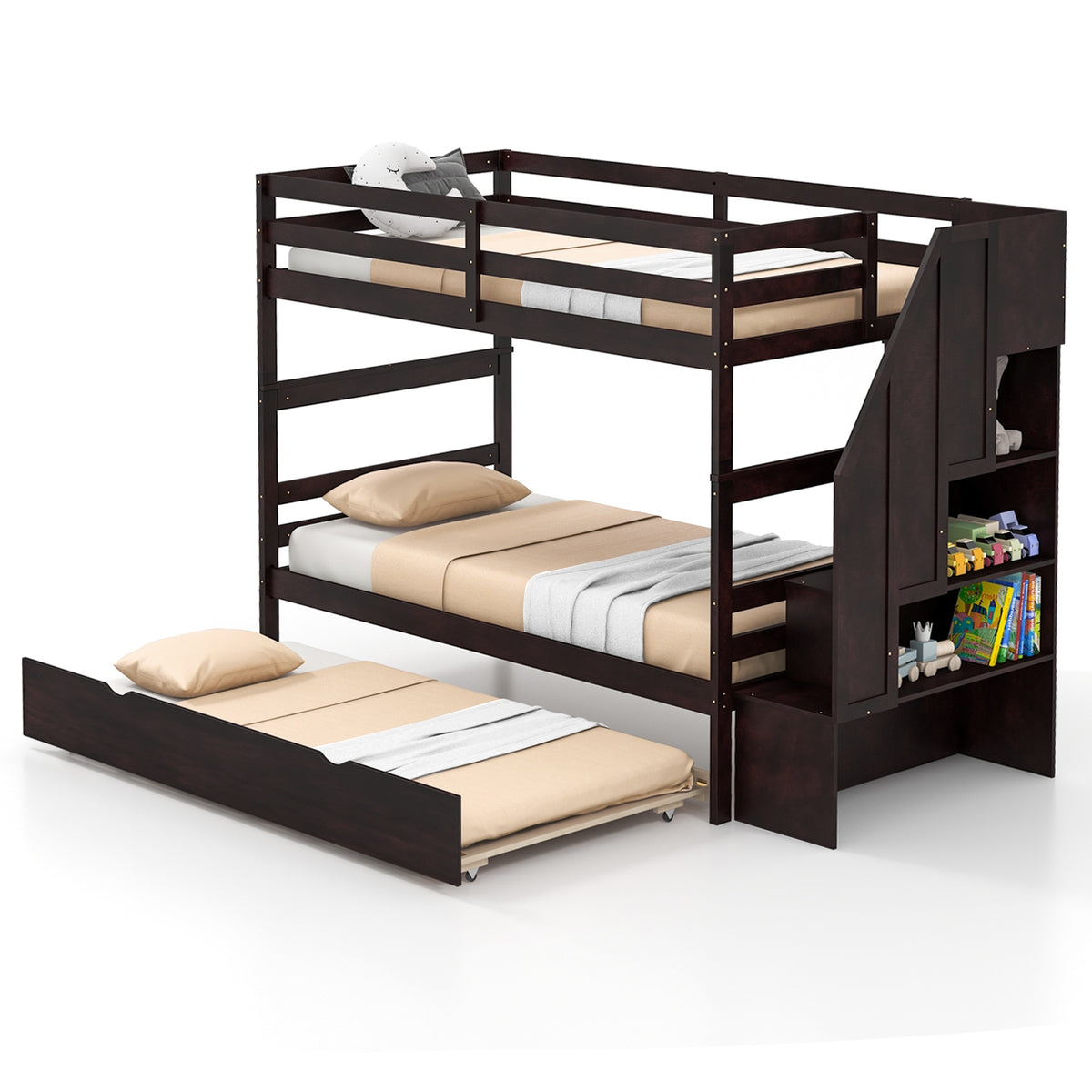 Home Wood Bunk Bed with Guard Rail and 4-step Storage Stairs No Box Spring Needed-Brown-Toddler Beds-DECOROLALA