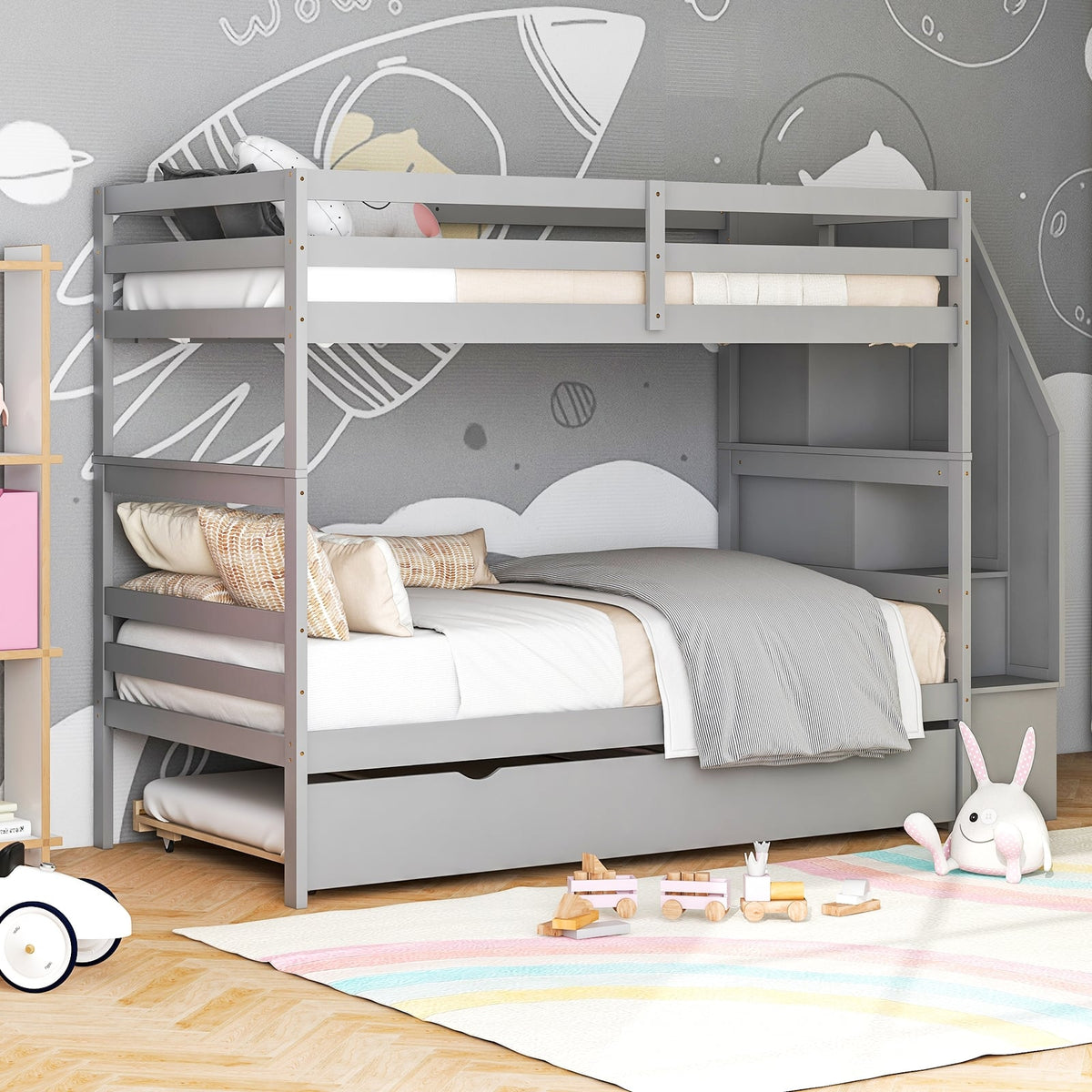 Home Wood Bunk Bed with Guard Rail and 4-step Storage Stairs No Box Spring Needed-Gray-Toddler Beds-DECOROLALA