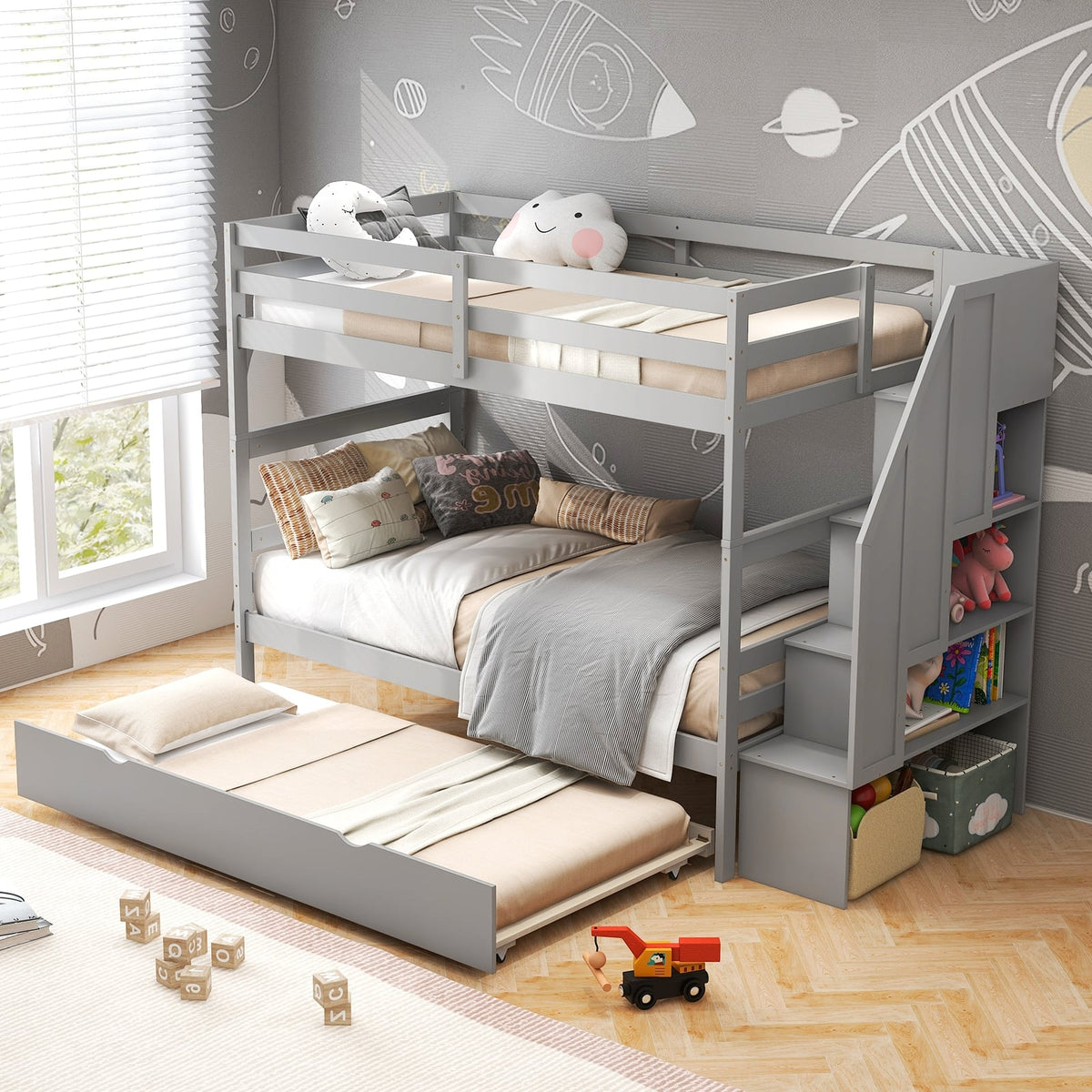 Home Wood Bunk Bed with Guard Rail and 4-step Storage Stairs No Box Spring Needed-Gray-Toddler Beds-DECOROLALA