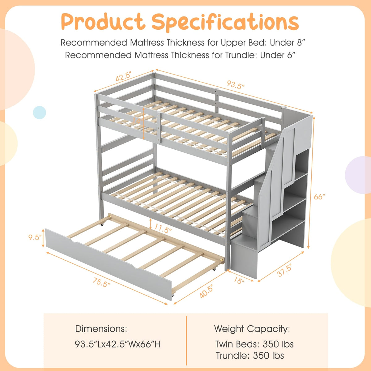 Home Wood Bunk Bed with Guard Rail and 4-step Storage Stairs No Box Spring Needed-Gray-Toddler Beds-DECOROLALA