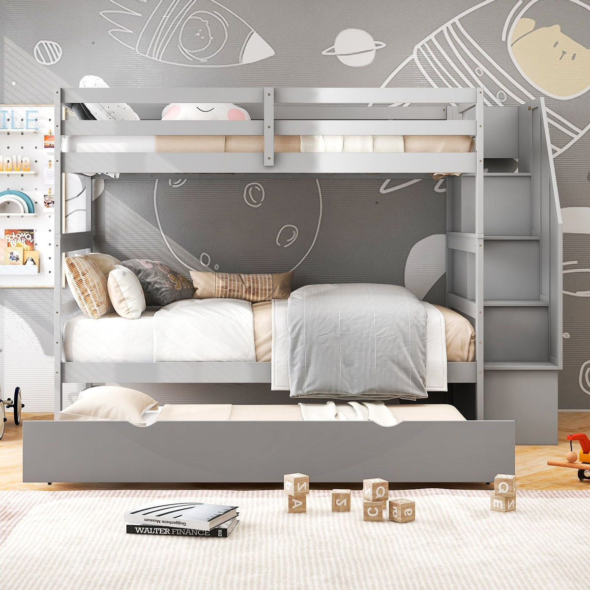 Home Wood Bunk Bed with Guard Rail and 4-step Storage Stairs No Box Spring Needed-Gray-Toddler Beds-DECOROLALA