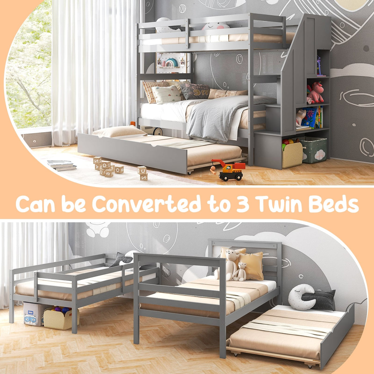Home Wood Bunk Bed with Guard Rail and 4-step Storage Stairs No Box Spring Needed-Gray-Toddler Beds-DECOROLALA