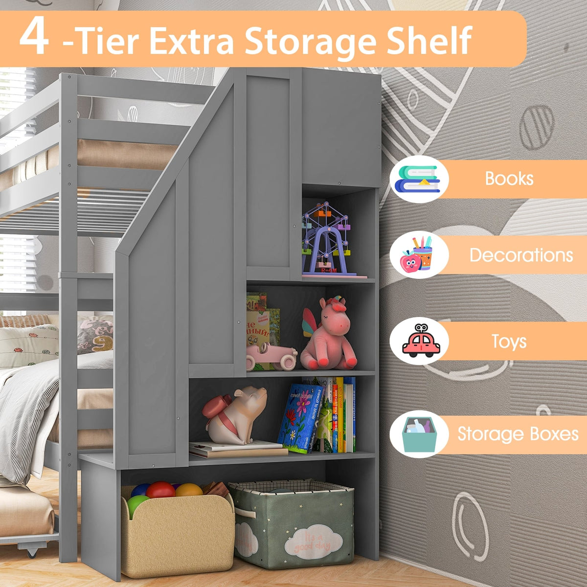 Home Wood Bunk Bed with Guard Rail and 4-step Storage Stairs No Box Spring Needed-Gray-Toddler Beds-DECOROLALA