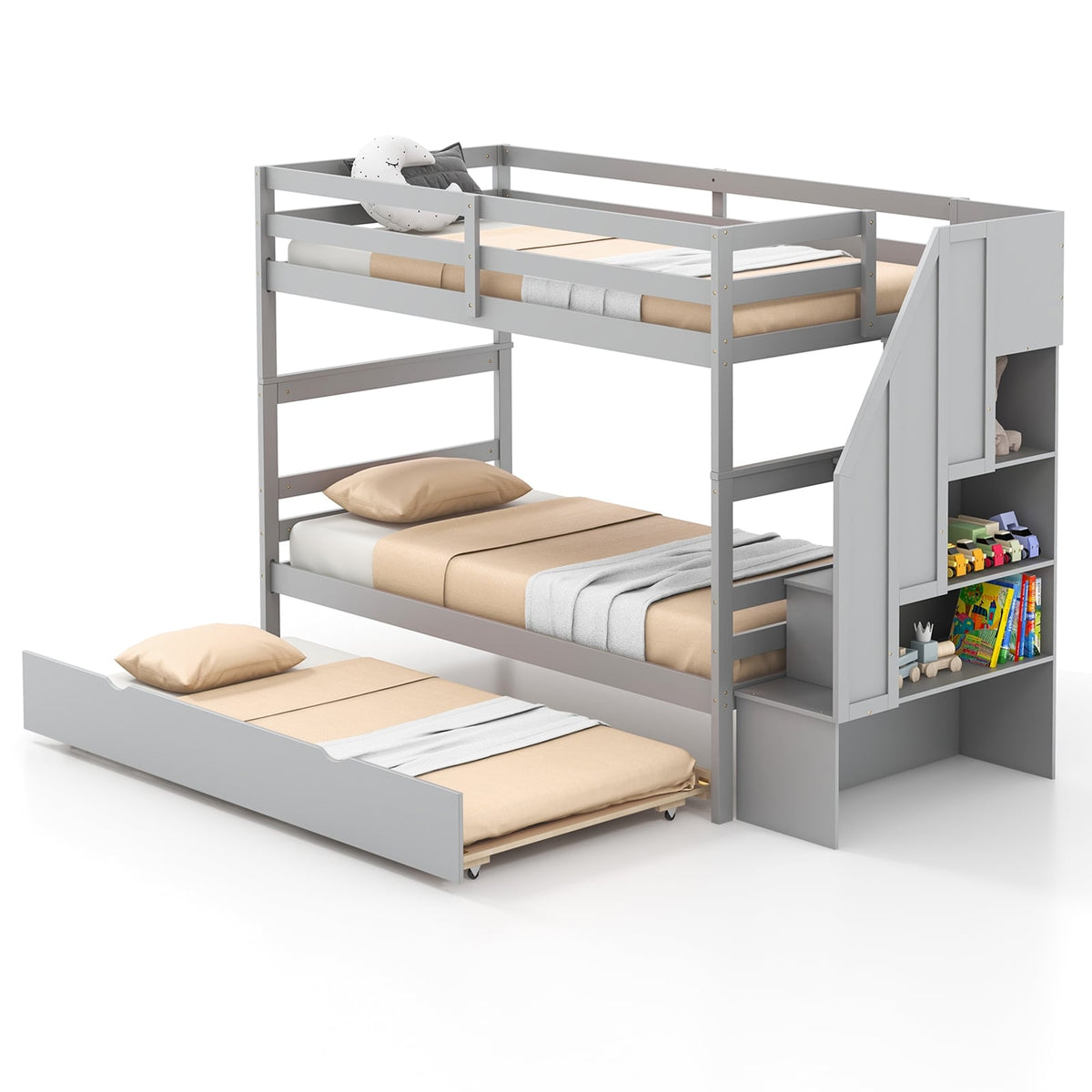 Home Wood Bunk Bed with Guard Rail and 4-step Storage Stairs No Box Spring Needed-Gray-Toddler Beds-DECOROLALA