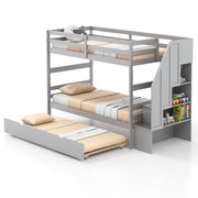 Home Wood Bunk Bed with Guard Rail and 4-step Storage Stairs No Box Spring Needed-Gray-Toddler Beds-DECOROLALA