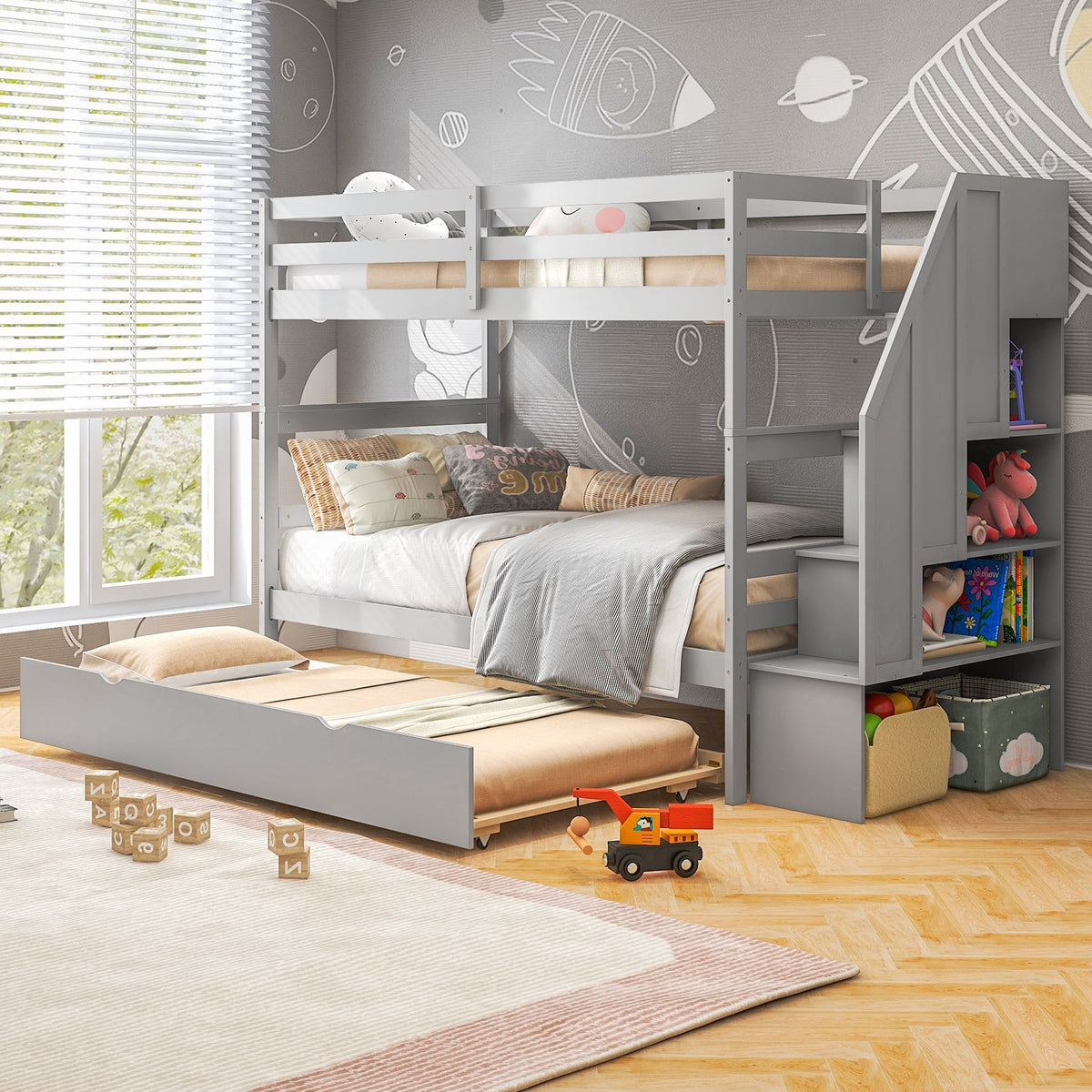 Home Wood Bunk Bed with Guard Rail and 4-step Storage Stairs No Box Spring Needed-Gray-Toddler Beds-DECOROLALA
