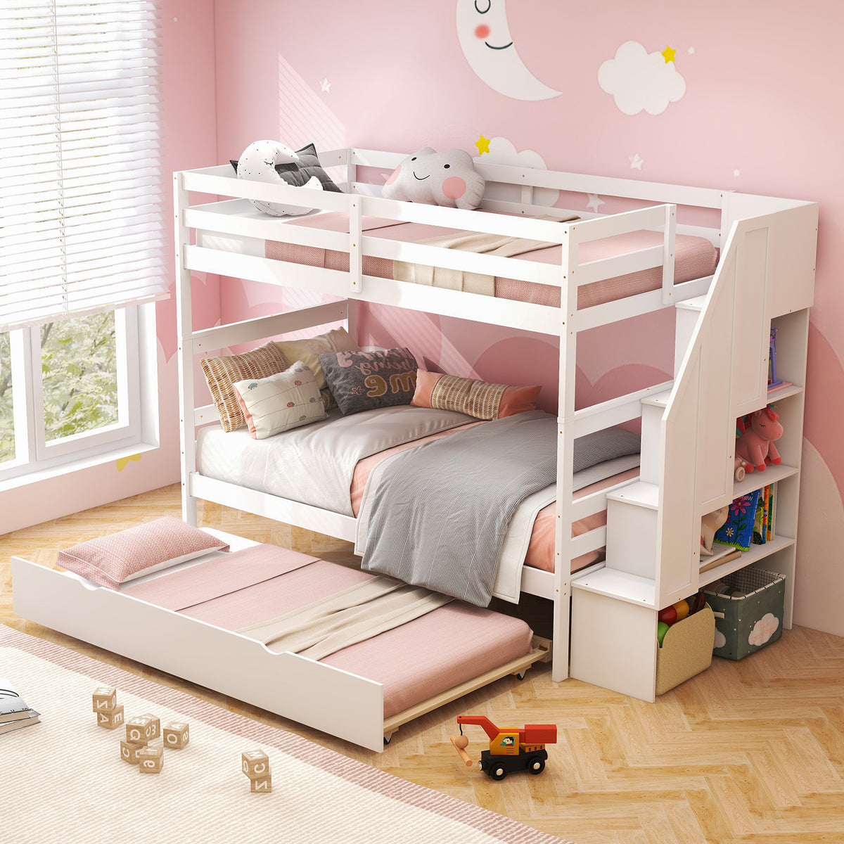 Home Wood Bunk Bed with Guard Rail and 4-step Storage Stairs No Box Spring Needed-White-Toddler Beds-DECOROLALA