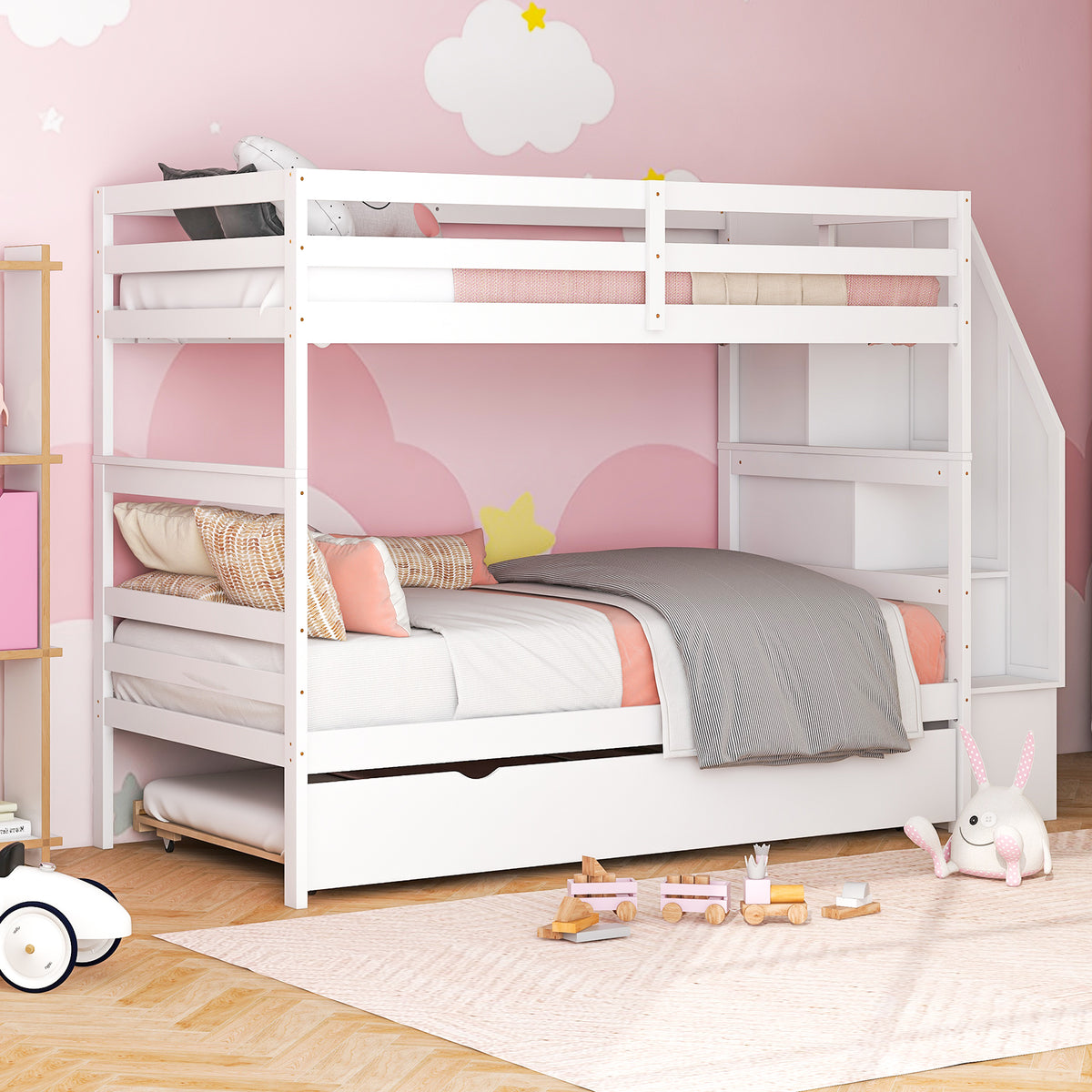 Home Wood Bunk Bed with Guard Rail and 4-step Storage Stairs No Box Spring Needed-White-Toddler Beds-DECOROLALA