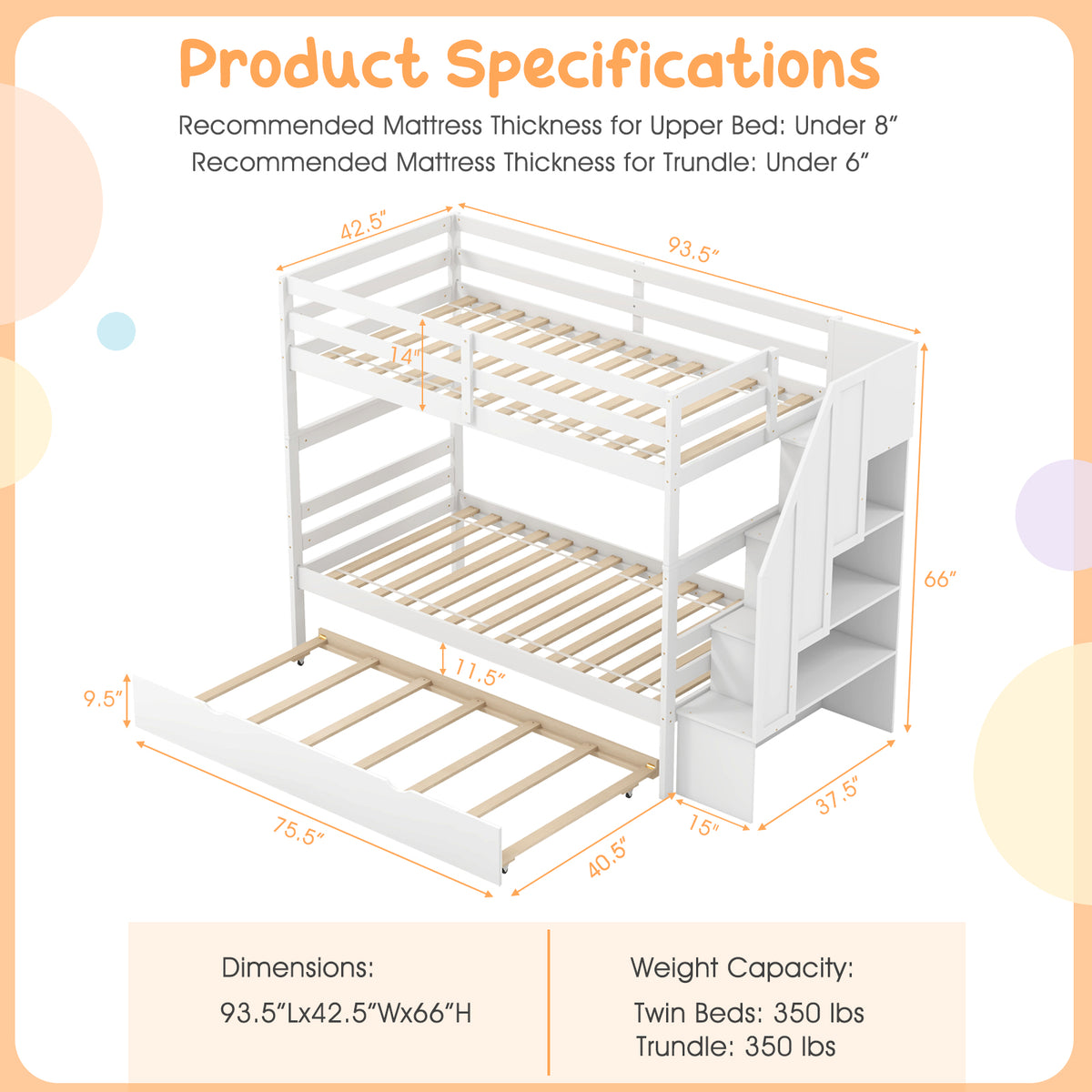 Home Wood Bunk Bed with Guard Rail and 4-step Storage Stairs No Box Spring Needed-White-Toddler Beds-DECOROLALA